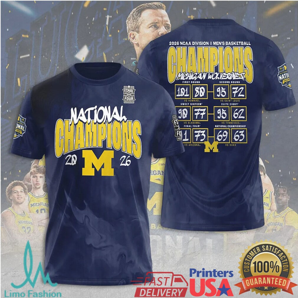 Michigan Wolverines 2026 NCAA Men's Basketball National Champions Tournament Results Navy Men Fans T Shirt - Limotees LLC
