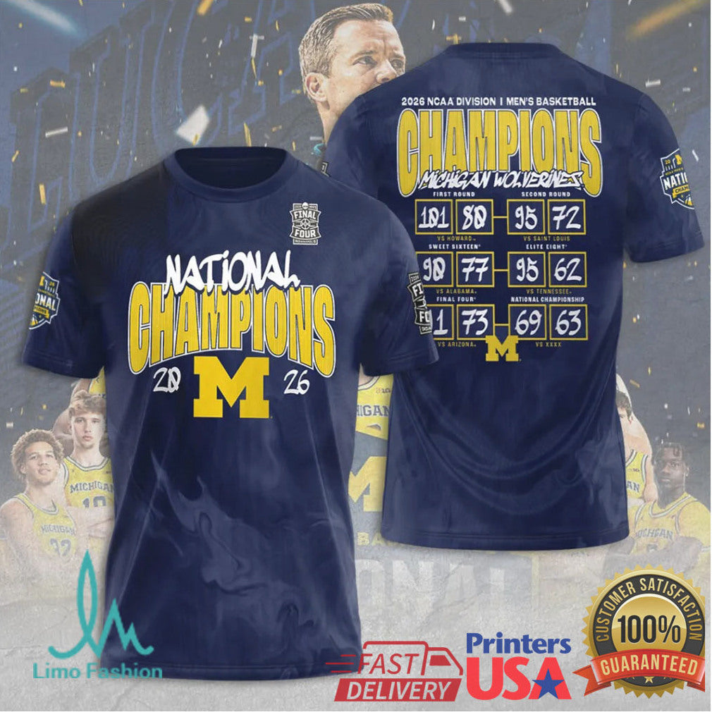 Michigan Wolverines 2026 NCAA Men's Basketball National Champions Tournament Results Navy Men Fans T Shirt - Limotees LLC