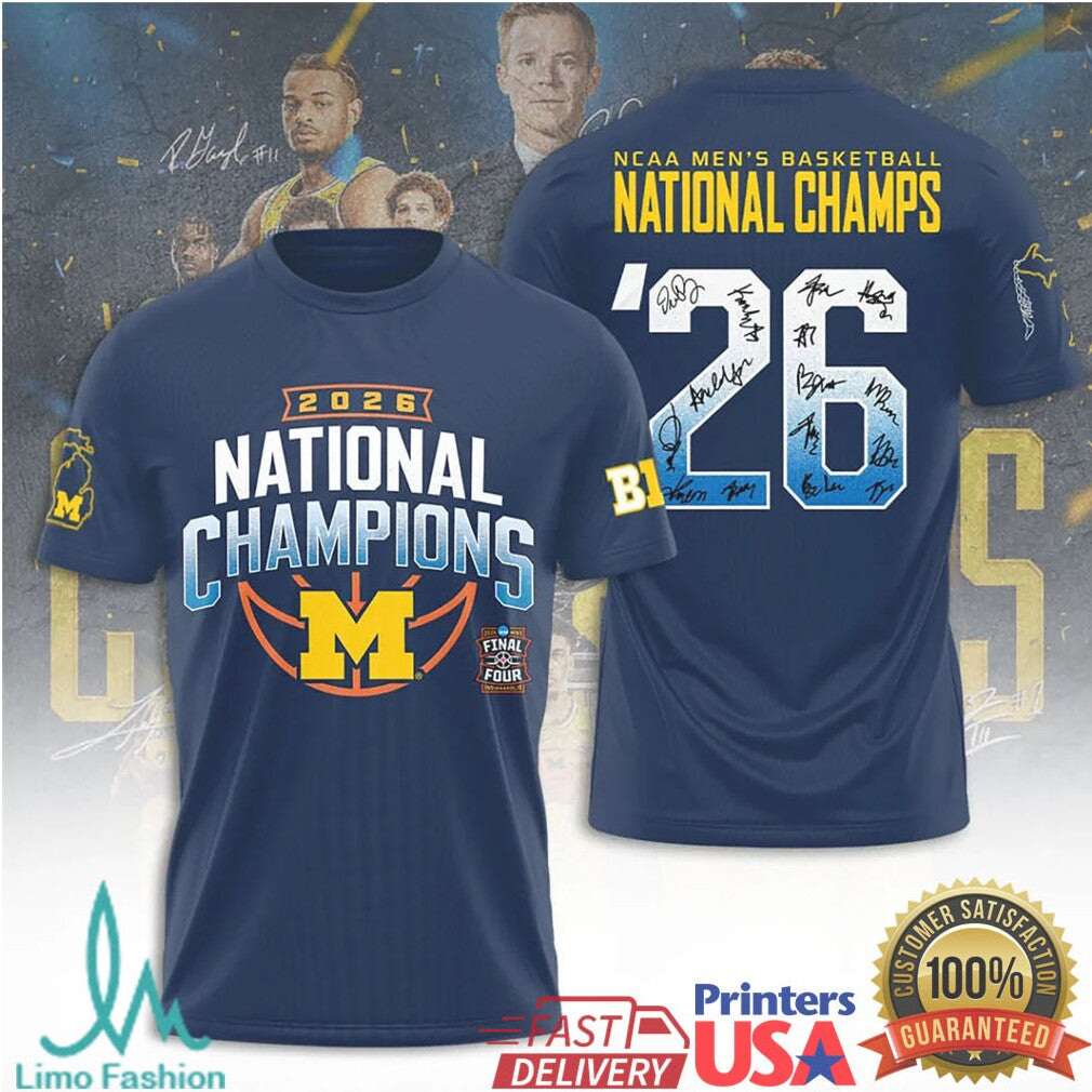 Michigan Wolverines 2026 NCAA Men's Basketball National Champs Signed T Shirt - Limotees LLC