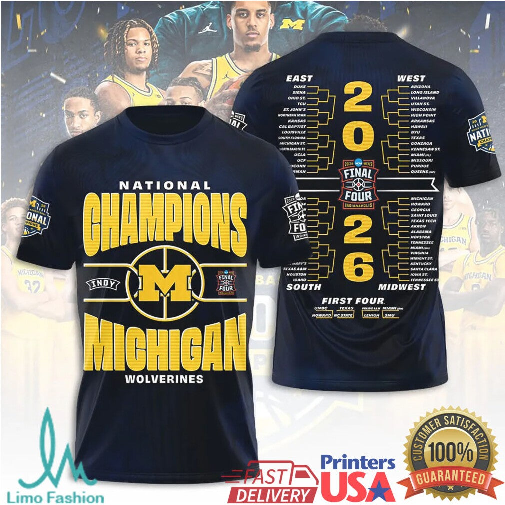 Michigan Wolverines 2026 National Champions Basketball Tournament Bracket Path To Victory T Shirt - Limotees LLC