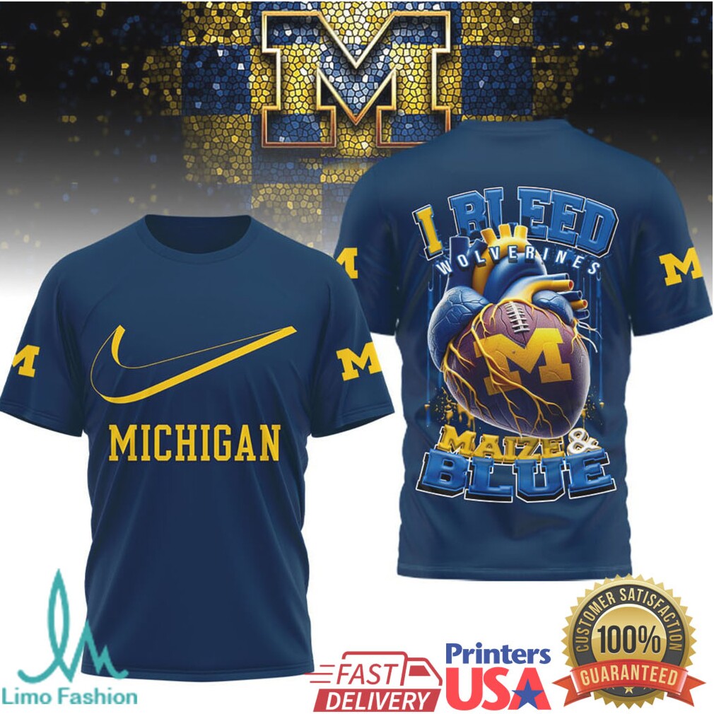 Michigan Wolverines “I Bleed Maize & Blue” Heart Football T Shirt - Limotees LLC
