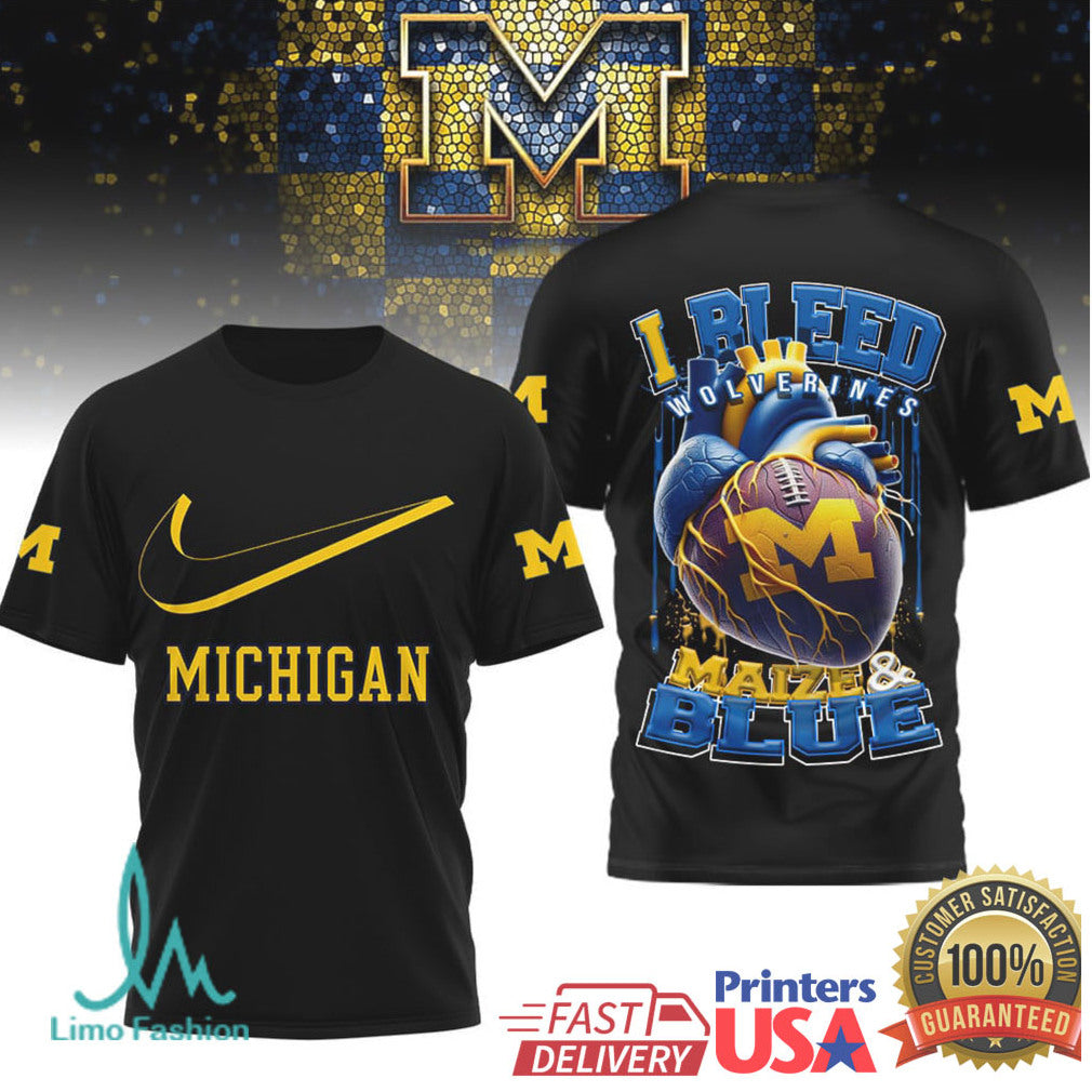 Michigan Wolverines “I Bleed Maize & Blue” Heart Football T Shirt - Limotees LLC