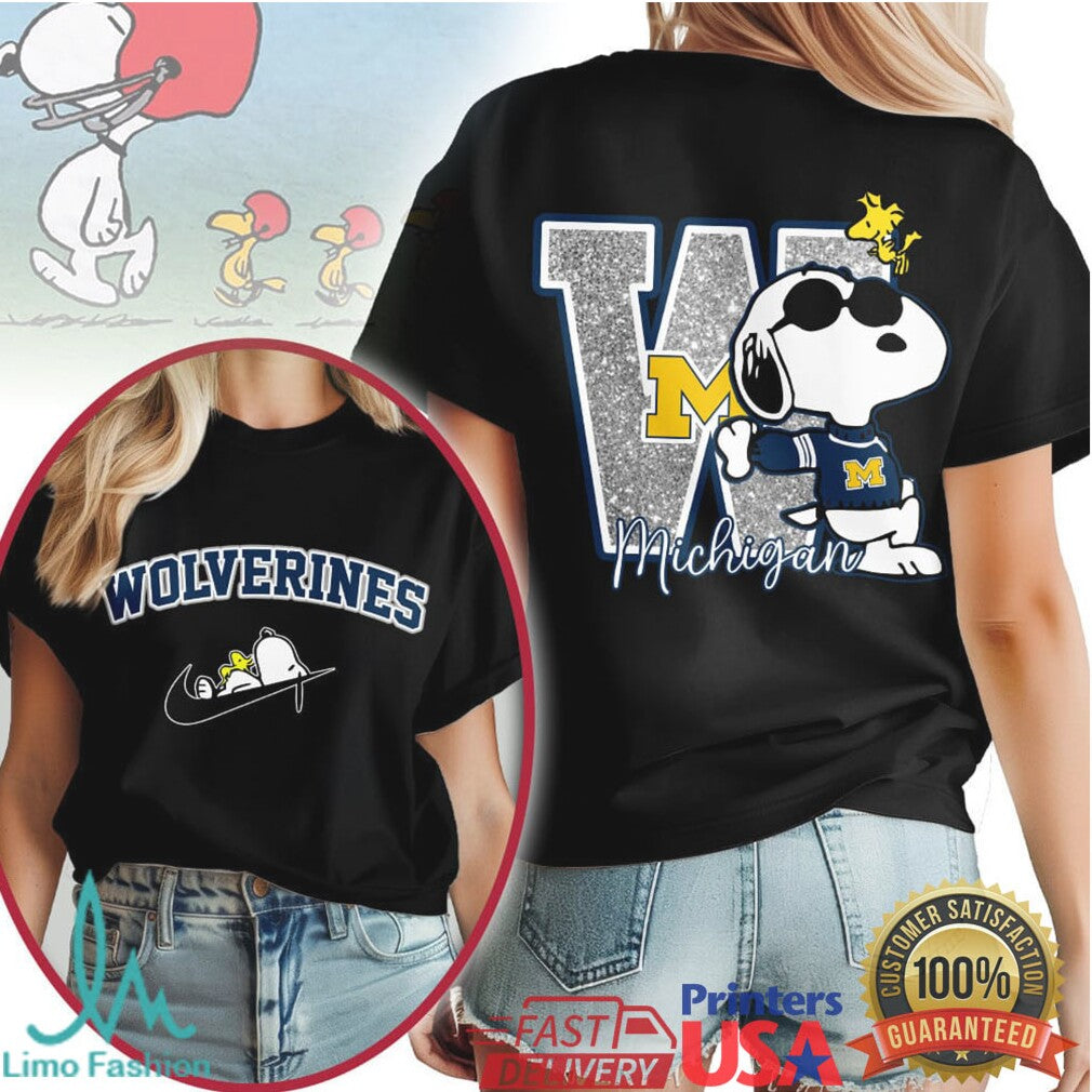 Michigan Wolverines Snoopy Joe Cool Glitter Varsity T Shirt - Limotees LLC