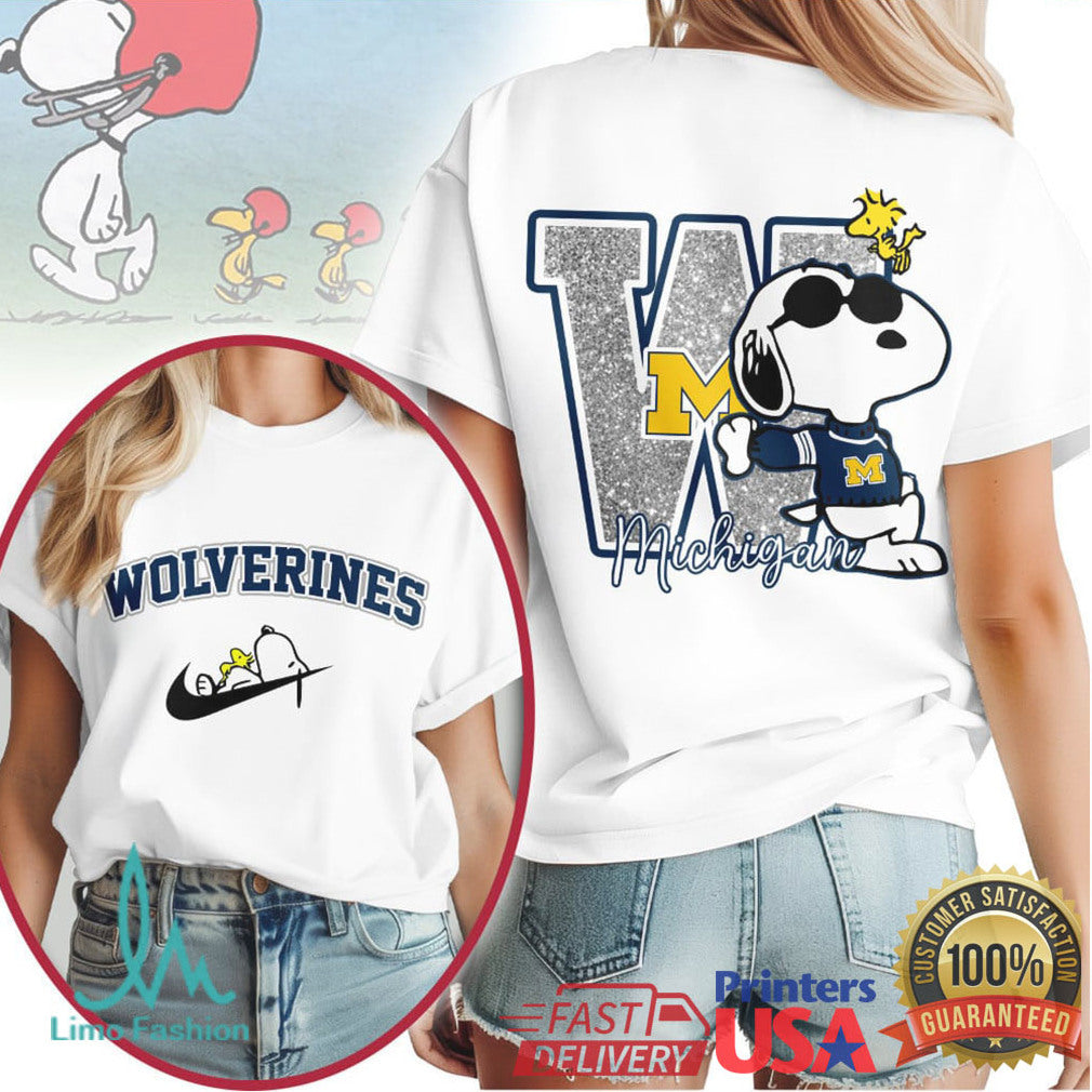 Michigan Wolverines Snoopy Joe Cool Glitter Varsity T Shirt - Limotees LLC