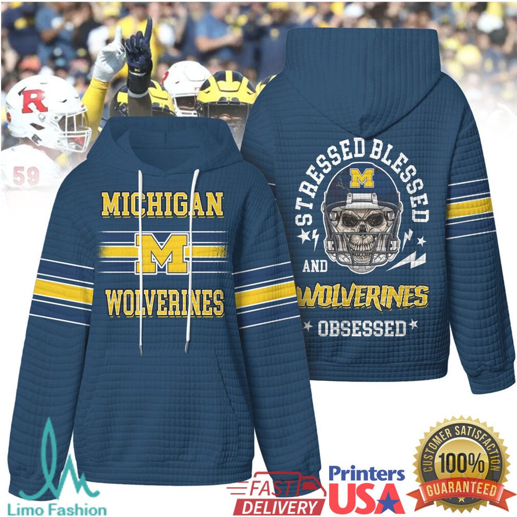 Michigan Wolverines Stressed Blessed and Obsessed Football Skull T Shirt - Limotees LLC