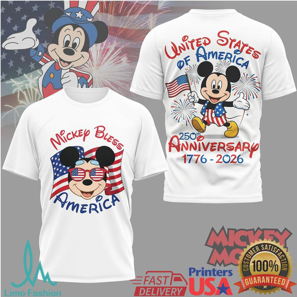 Mickey Mouse Bless America 250th Anniversary T Shirt Disney Patriotic 1776 2026 - Limotees LLC