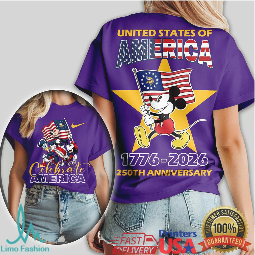 Mickey Mouse Minnesota Vikings Celebrate America 250th Anniversary US Flag T Shirt - Limotees LLC