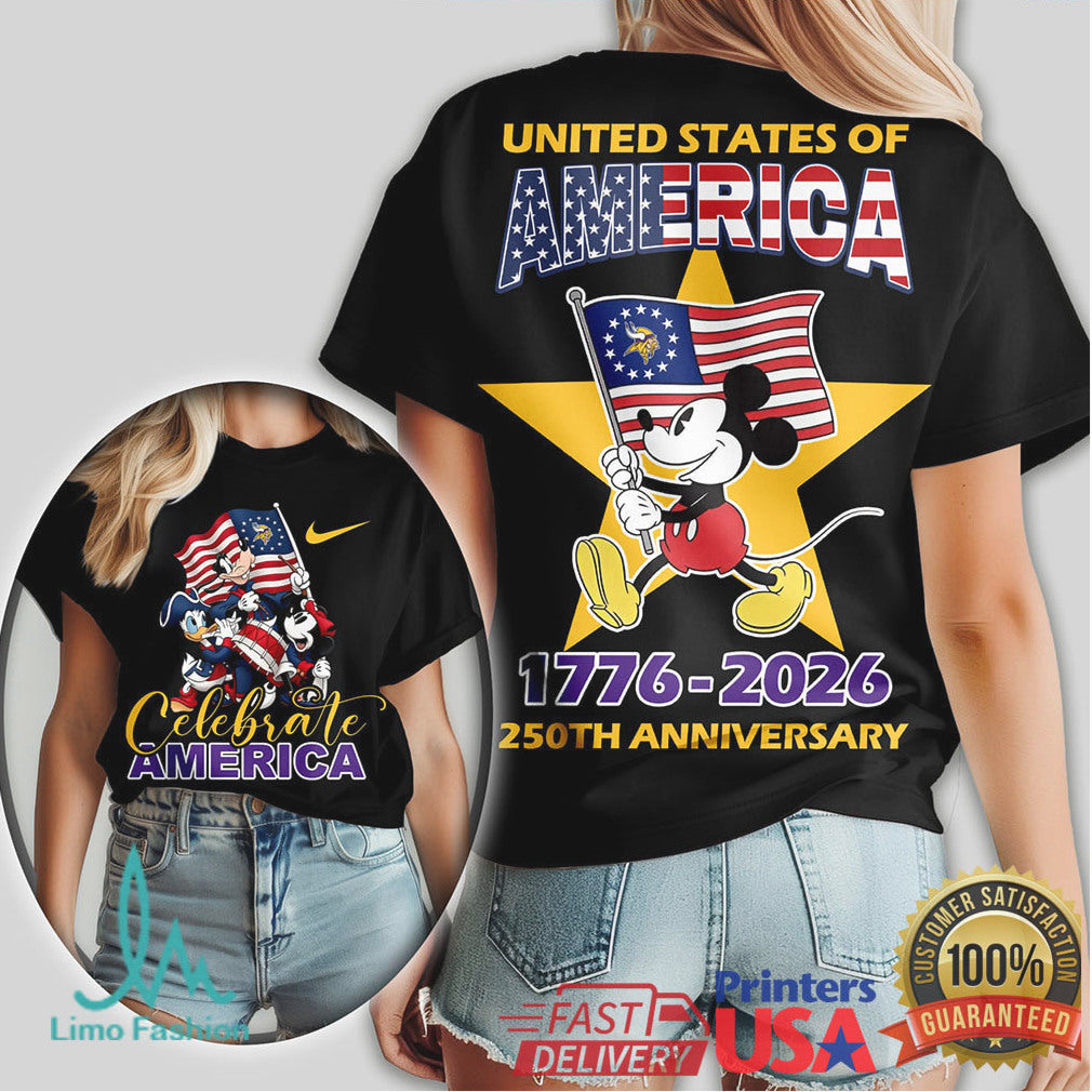 Mickey Mouse Minnesota Vikings Celebrate America 250th Anniversary US Flag T Shirt - Limotees LLC