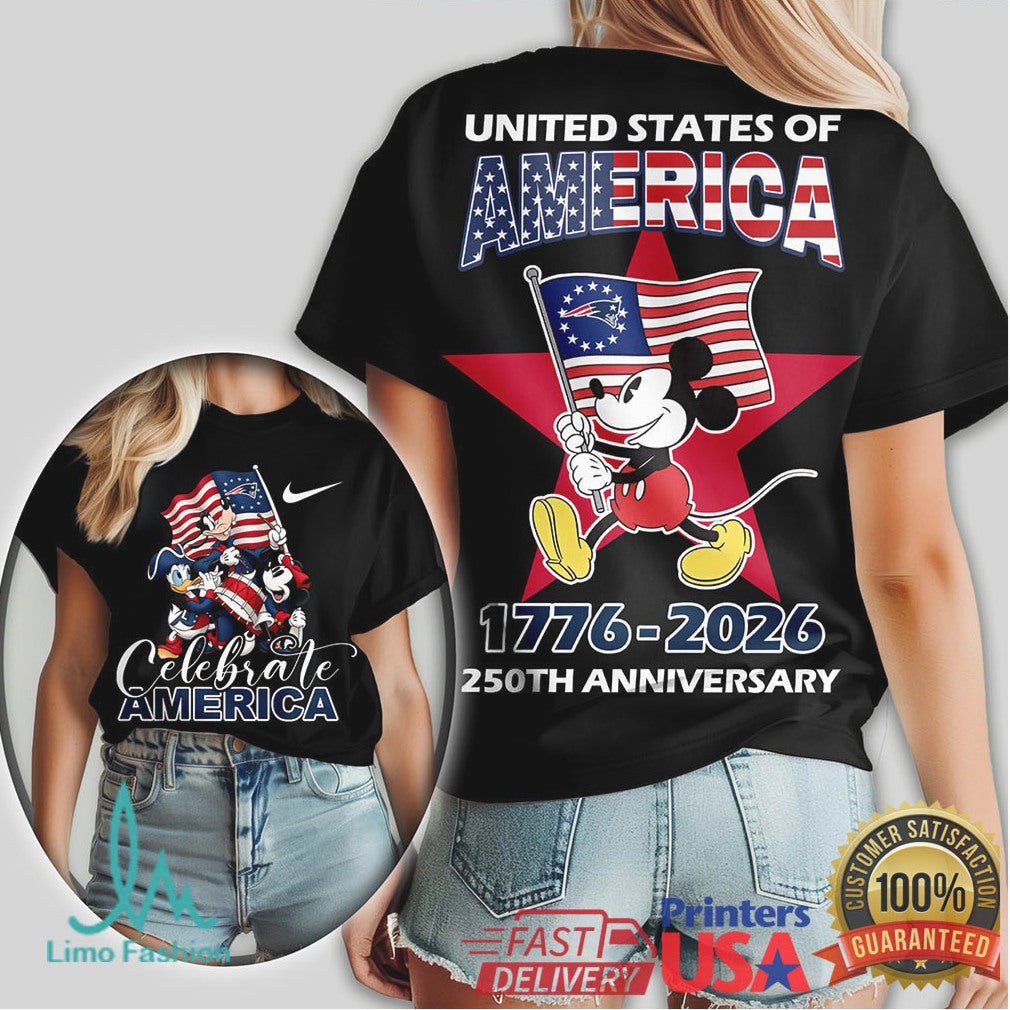 Mickey Mouse New England Patriots Celebrate America 250th Anniversary US Flag T Shirt - Limotees LLC