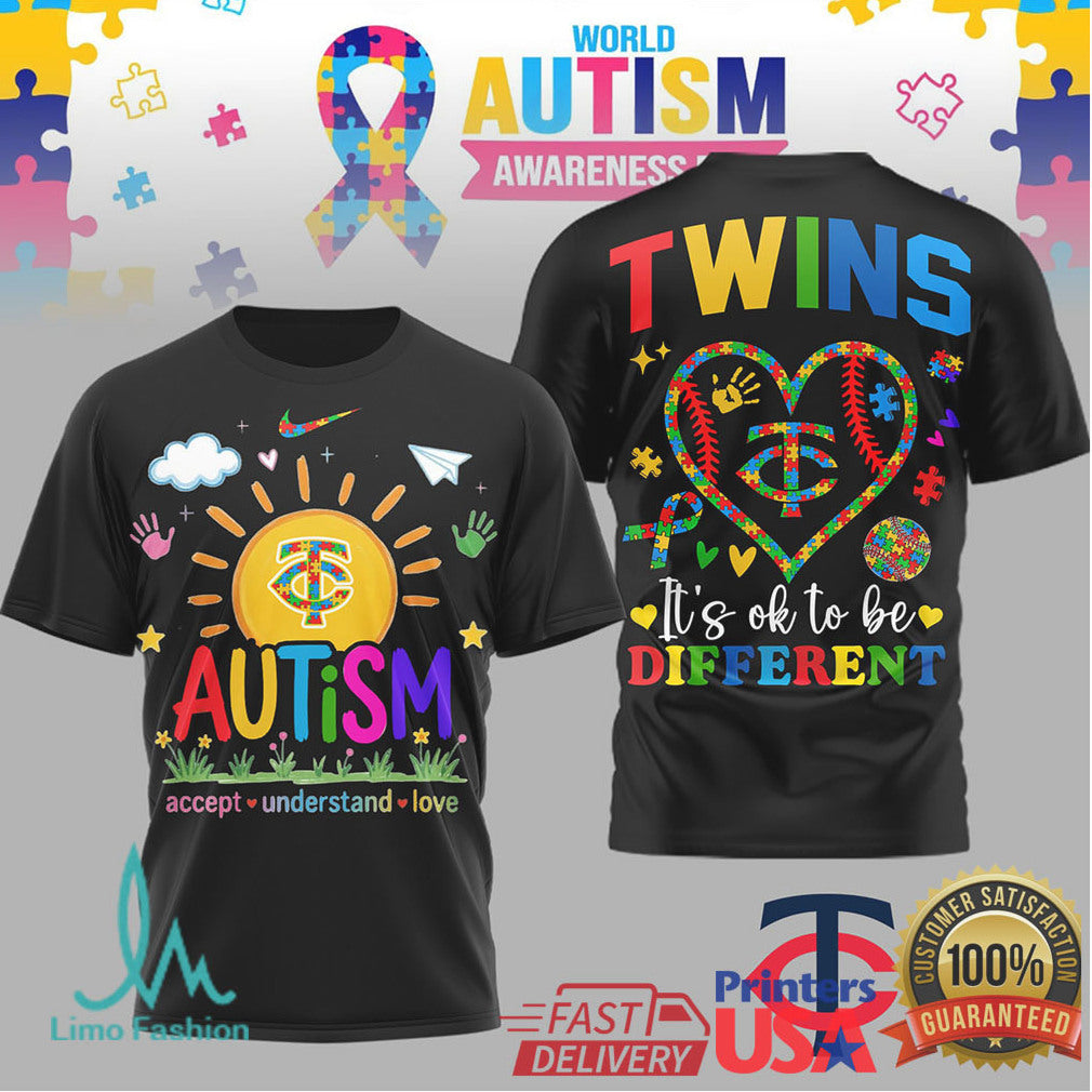 Minnesota Twins MLB Autism Awareness T Shirt It's Ok To Be Different Puzzle Heart Baseball T Shirt - Limotees LLC