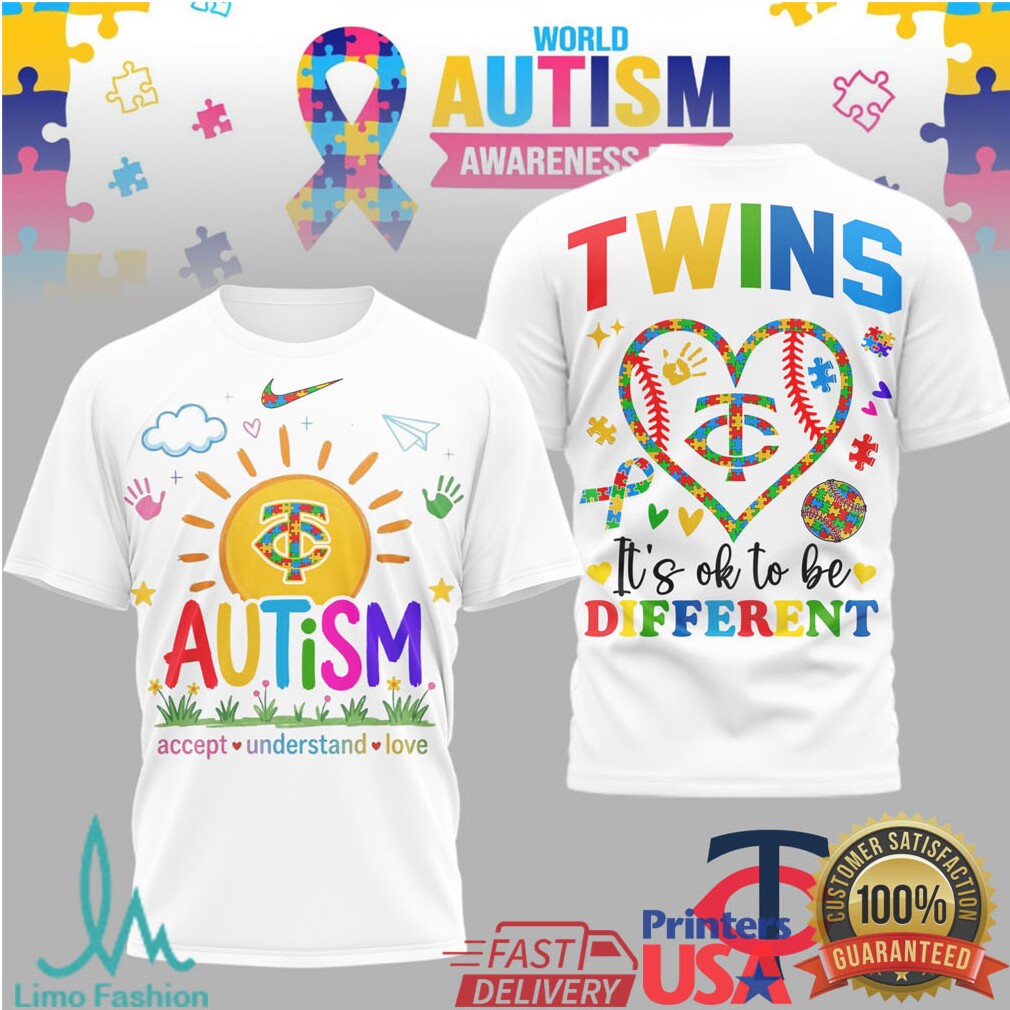 Minnesota Twins MLB Autism Awareness T Shirt It's Ok To Be Different Puzzle Heart Baseball T Shirt - Limotees LLC