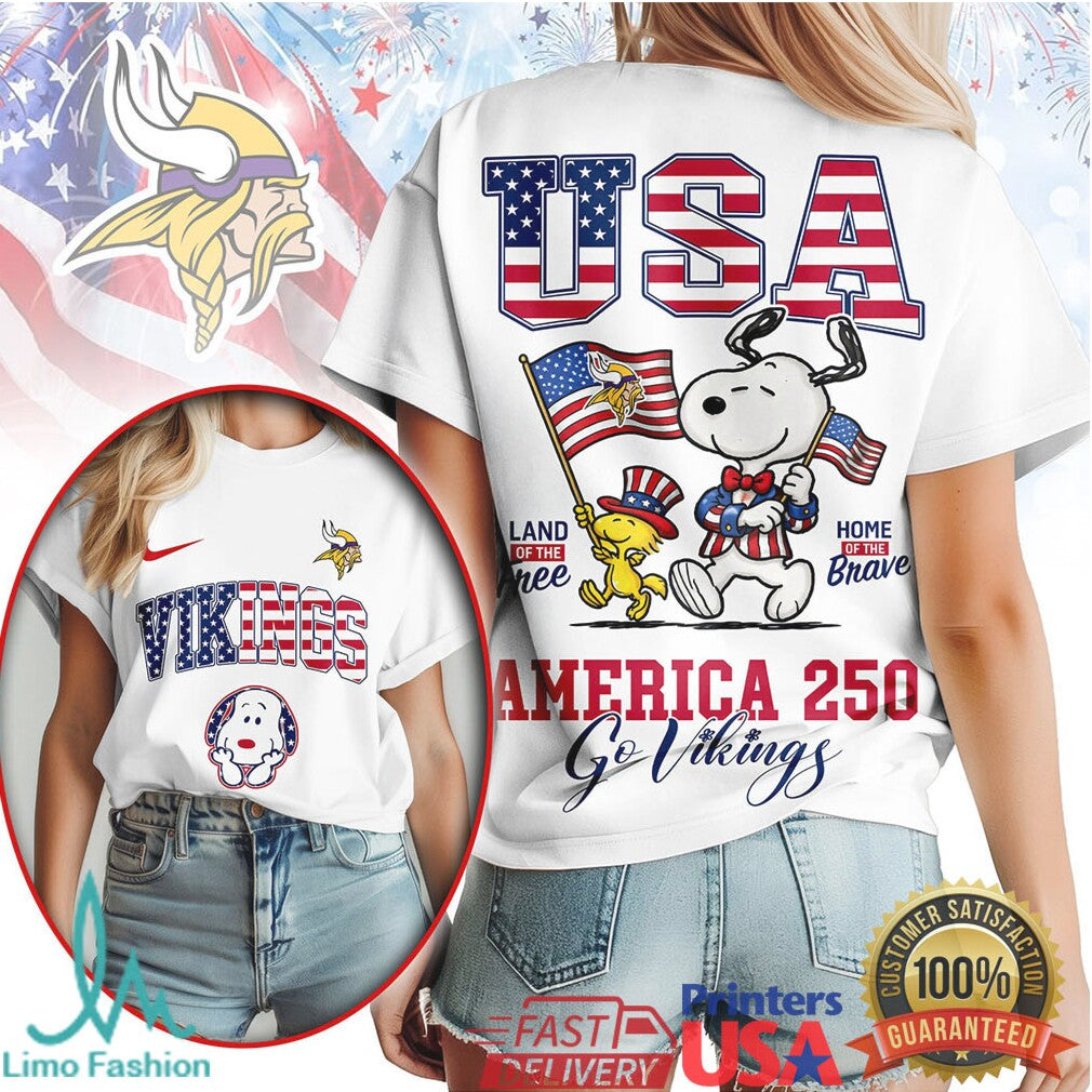 Minnesota Vikings America 250 Snoopy Woodstock USA Flag Shirt