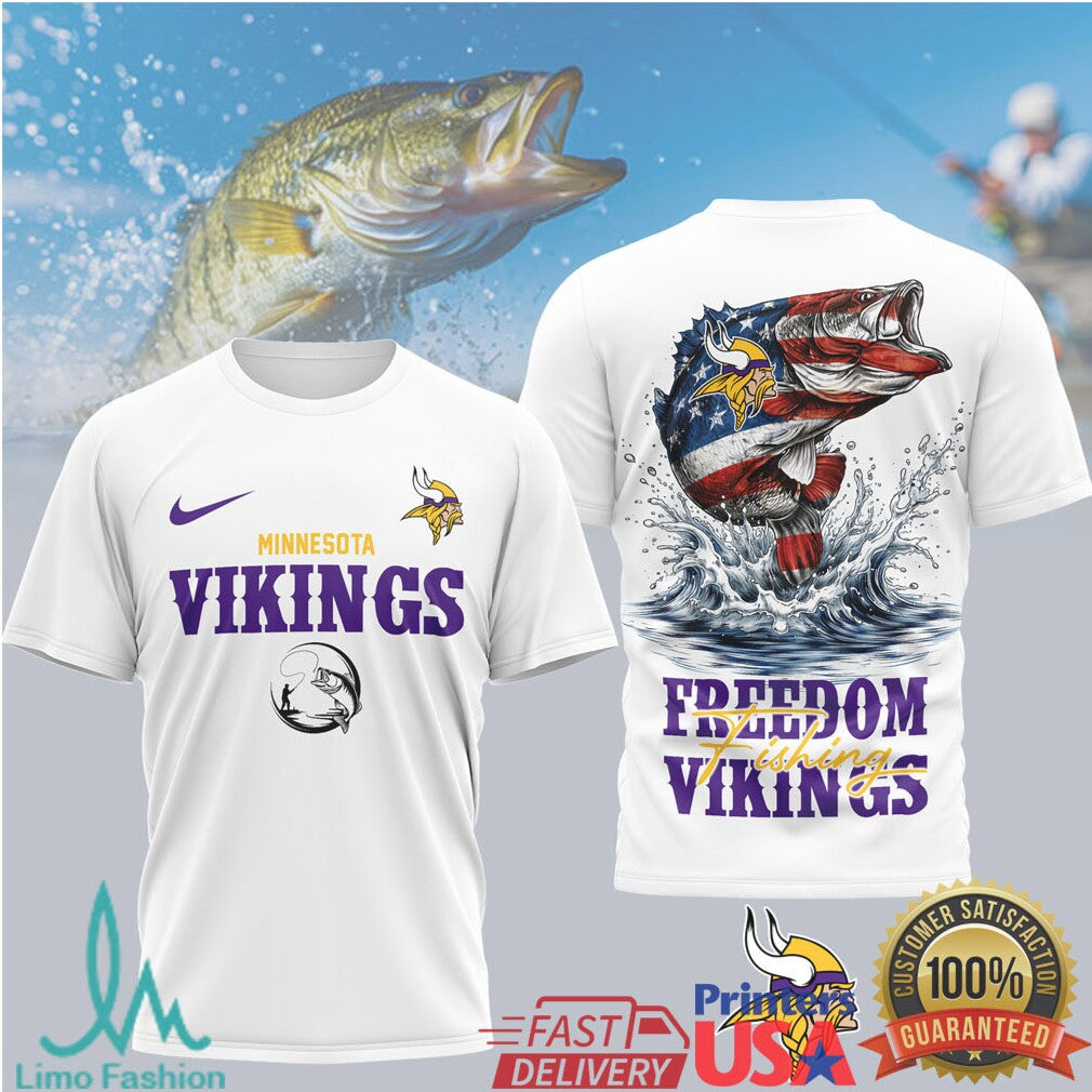 Minnesota Vikings Freedom Fishing Bass American Flag T Shirt - Limotees LLC