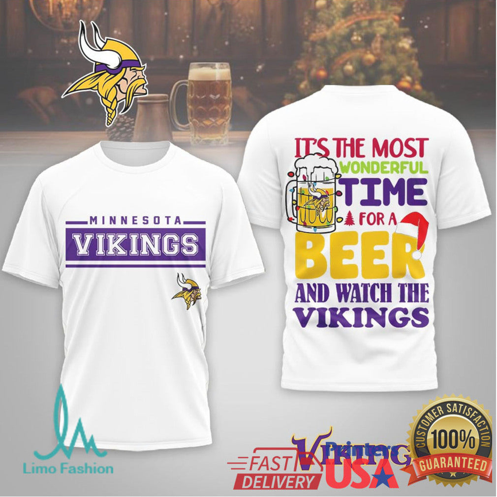 Minnesota Vikings Holiday Fan Tee “Most Wonderful Time for a Beer and the Vikings” - Limotees LLC