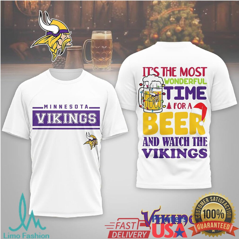 Minnesota Vikings Holiday Fan Tee “Most Wonderful Time for a Beer and the Vikings” - Limotees LLC
