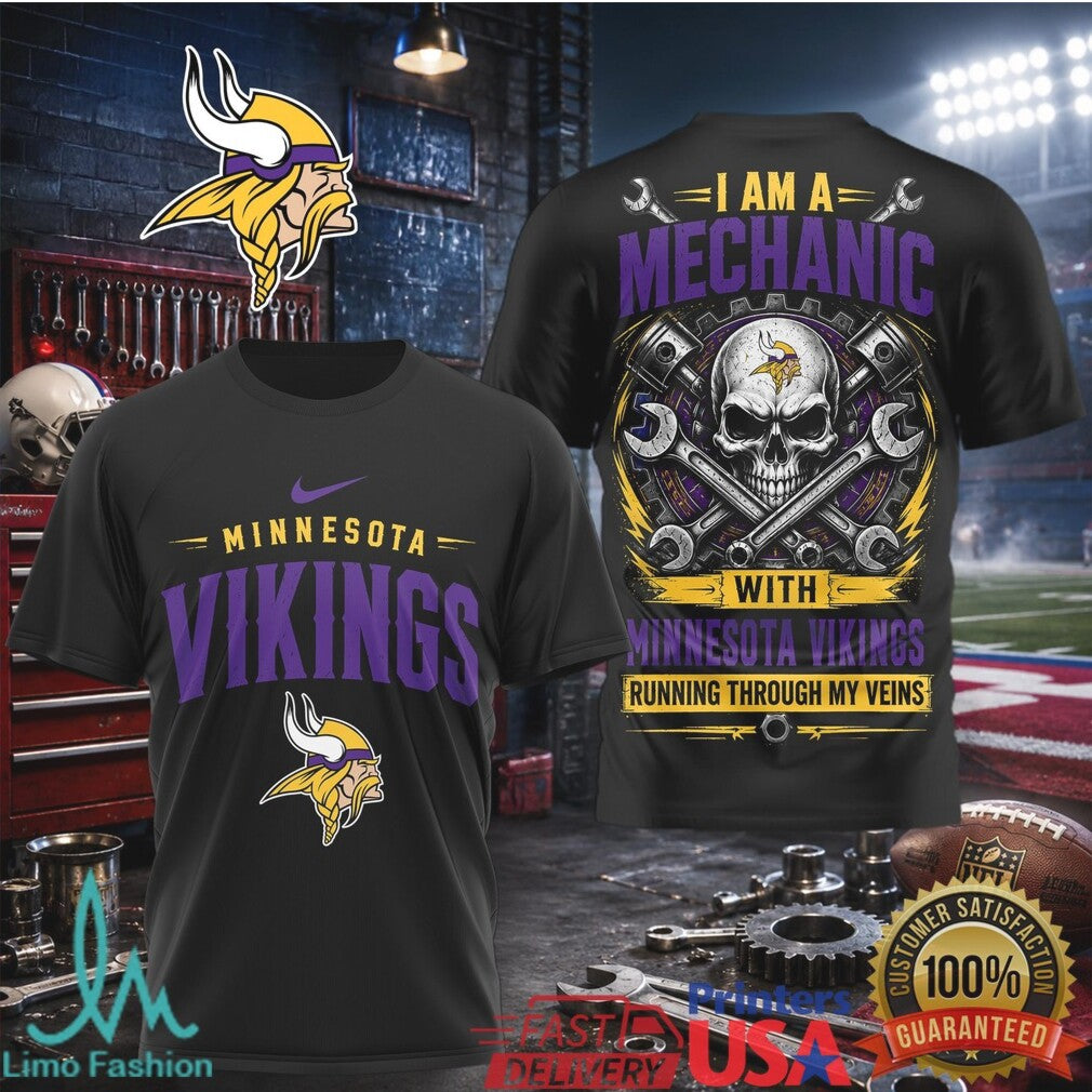 Minnesota Vikings Mechanic Skull Running Through My Veins T Shirt - Limotees LLC