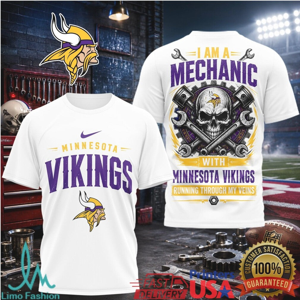 Minnesota Vikings Mechanic Skull Running Through My Veins T Shirt - Limotees LLC