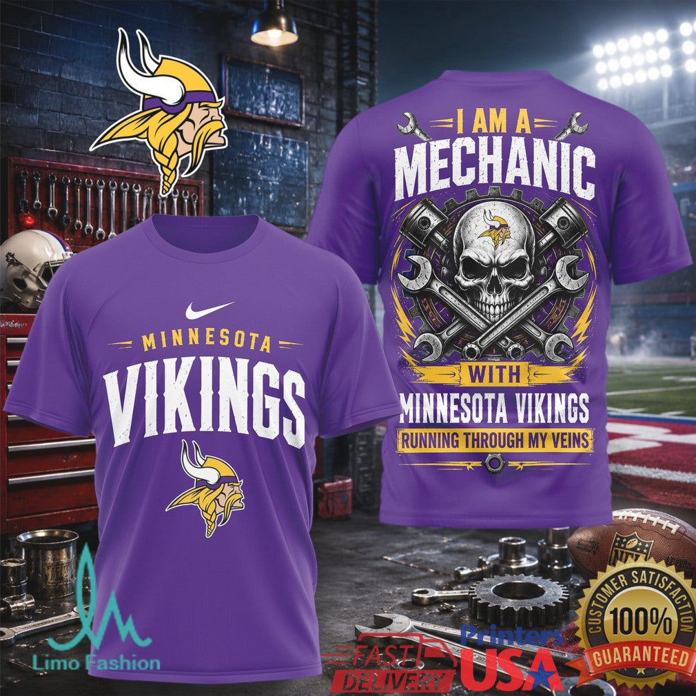 Minnesota Vikings Mechanic Skull Running Through My Veins T Shirt - Limotees LLC