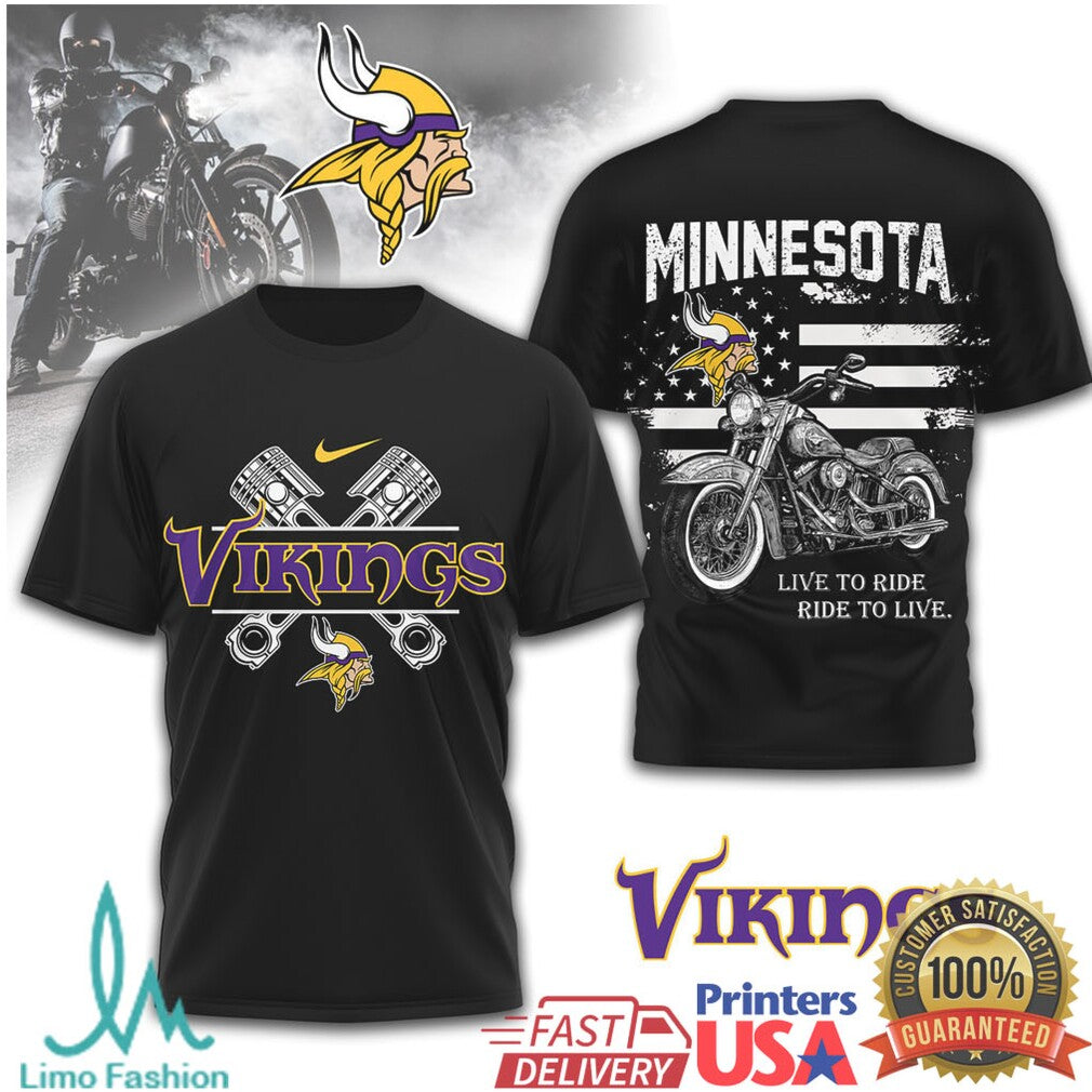 Minnesota Vikings Motorcycle Biker Live To Ride Black T Shirt - Limotees LLC