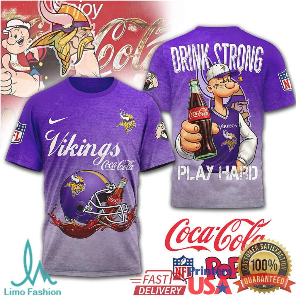 Minnesota Vikings NFL Popeye x Coca Cola “Drink Strong” Purple T Shirt - Limotees LLC