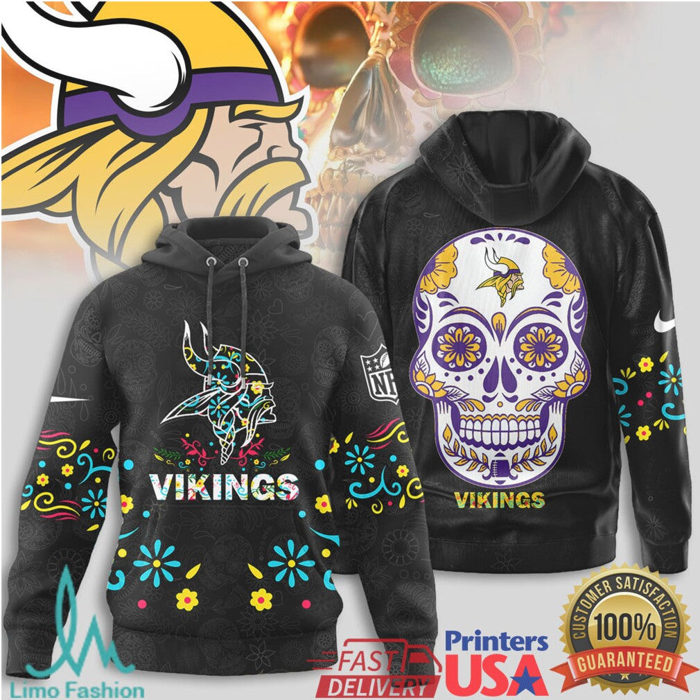 Minnesota Vikings NFL Sugar Skull Floral Pattern Black T Shirt - Limotees LLC