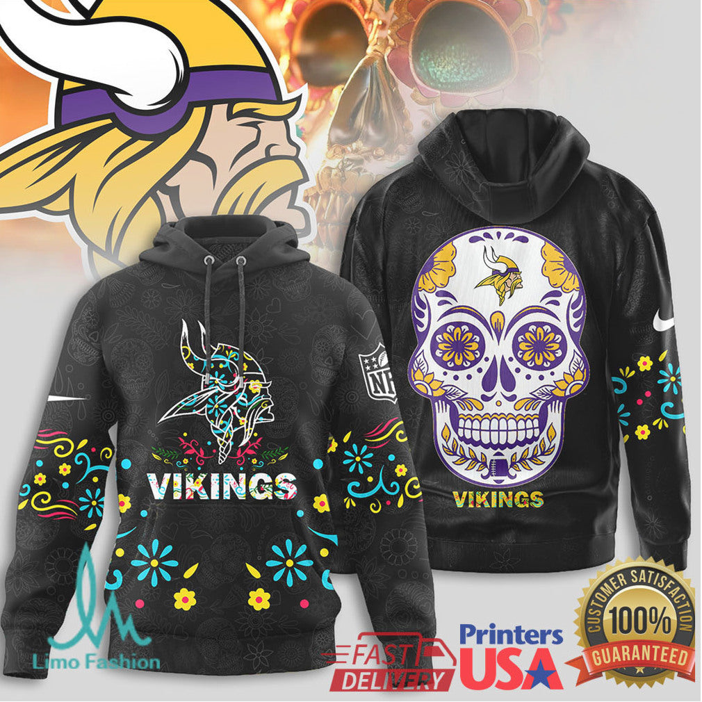 Minnesota Vikings NFL Sugar Skull Floral Pattern Black T Shirt - Limotees LLC