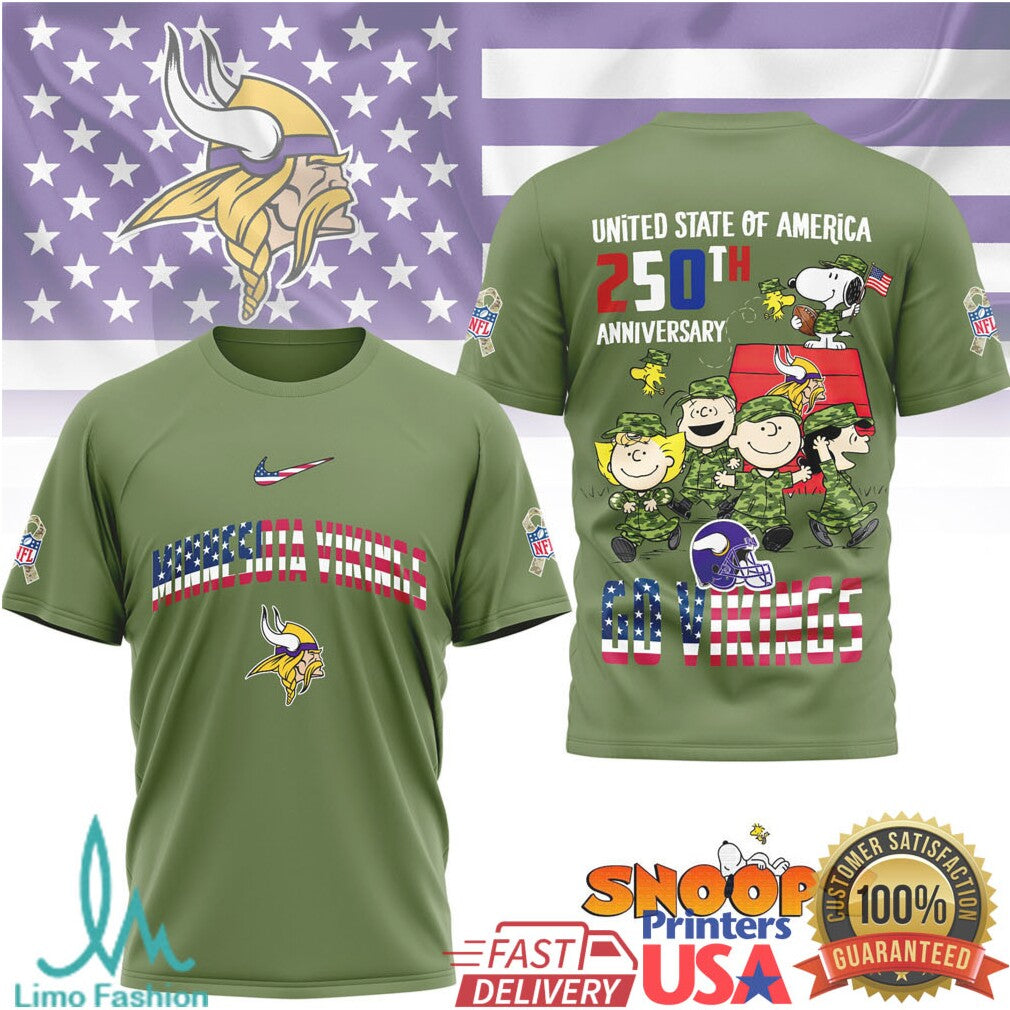 Minnesota Vikings Snoopy Peanuts 250th Anniversary USA Military T Shirt - Limotees LLC