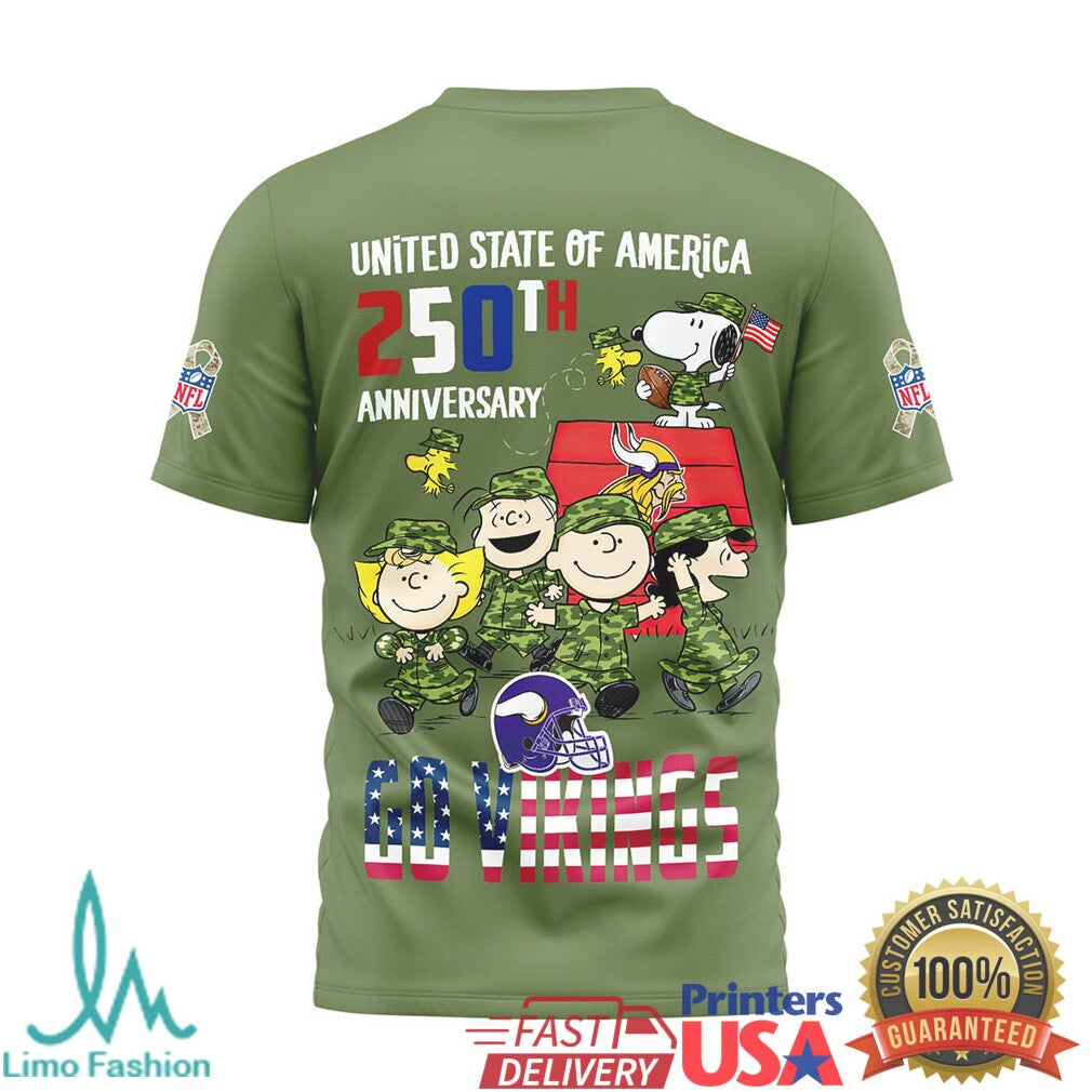 Minnesota Vikings Snoopy Peanuts 250th Anniversary USA Military T Shirt - Limotees LLC
