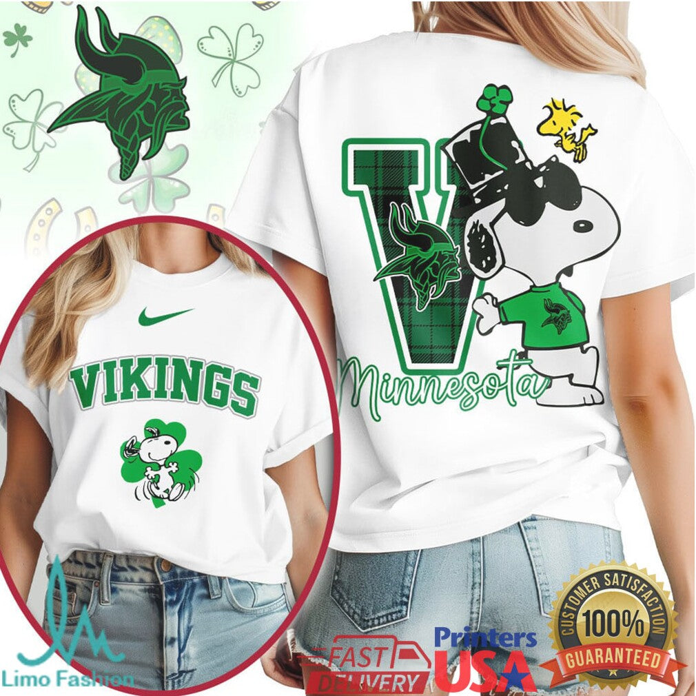 Minnesota Vikings St. Patrick's Day T Shirt Snoopy Clover Lucky Green - Limotees LLC