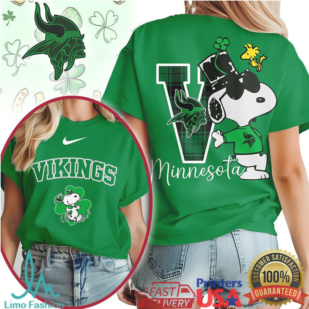 Minnesota Vikings St. Patrick's Day T Shirt Snoopy Clover Lucky Green - Limotees LLC