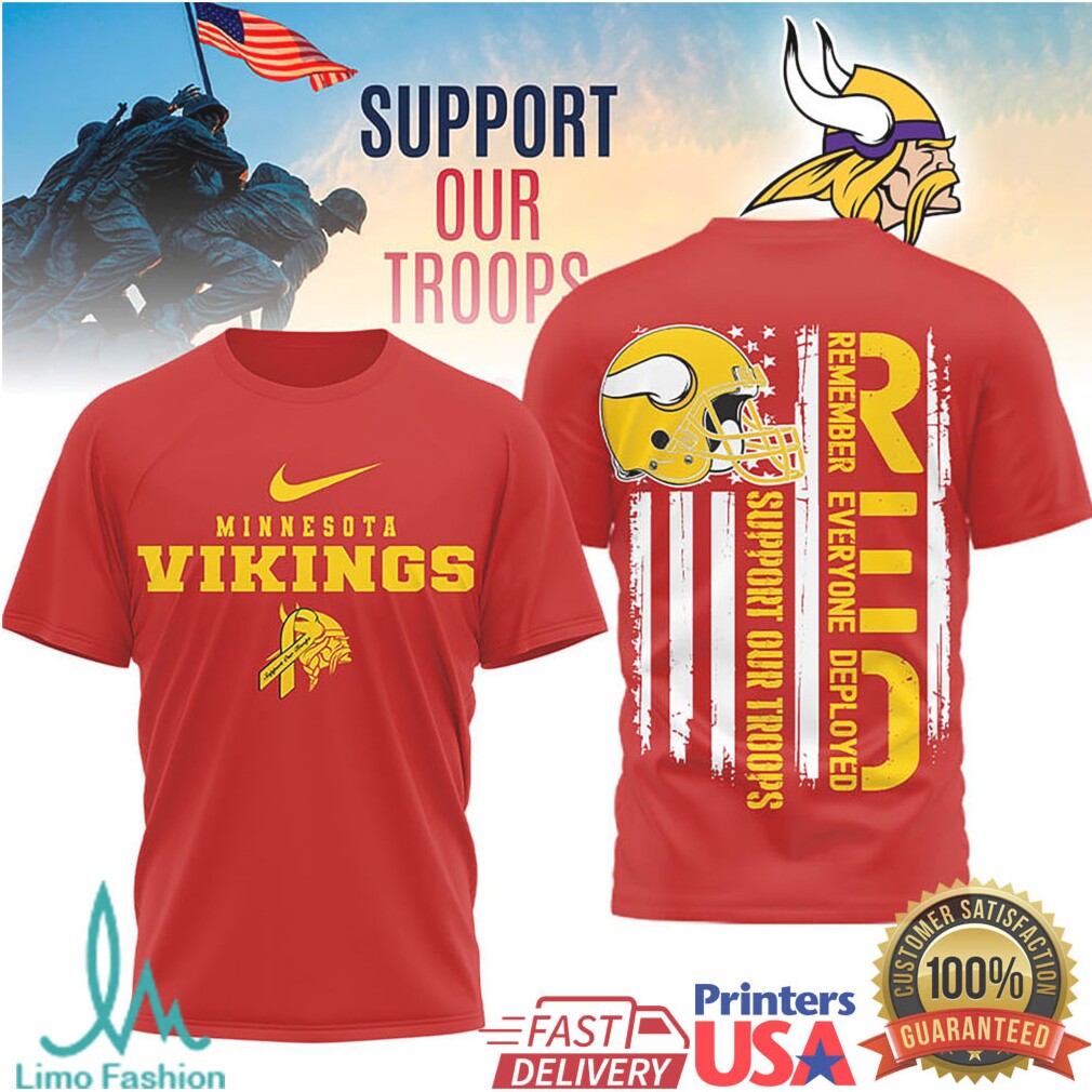 Minnesota Vikings Support Our Troops RED Remember Everyone Deployed T Shirt - Limotees LLC