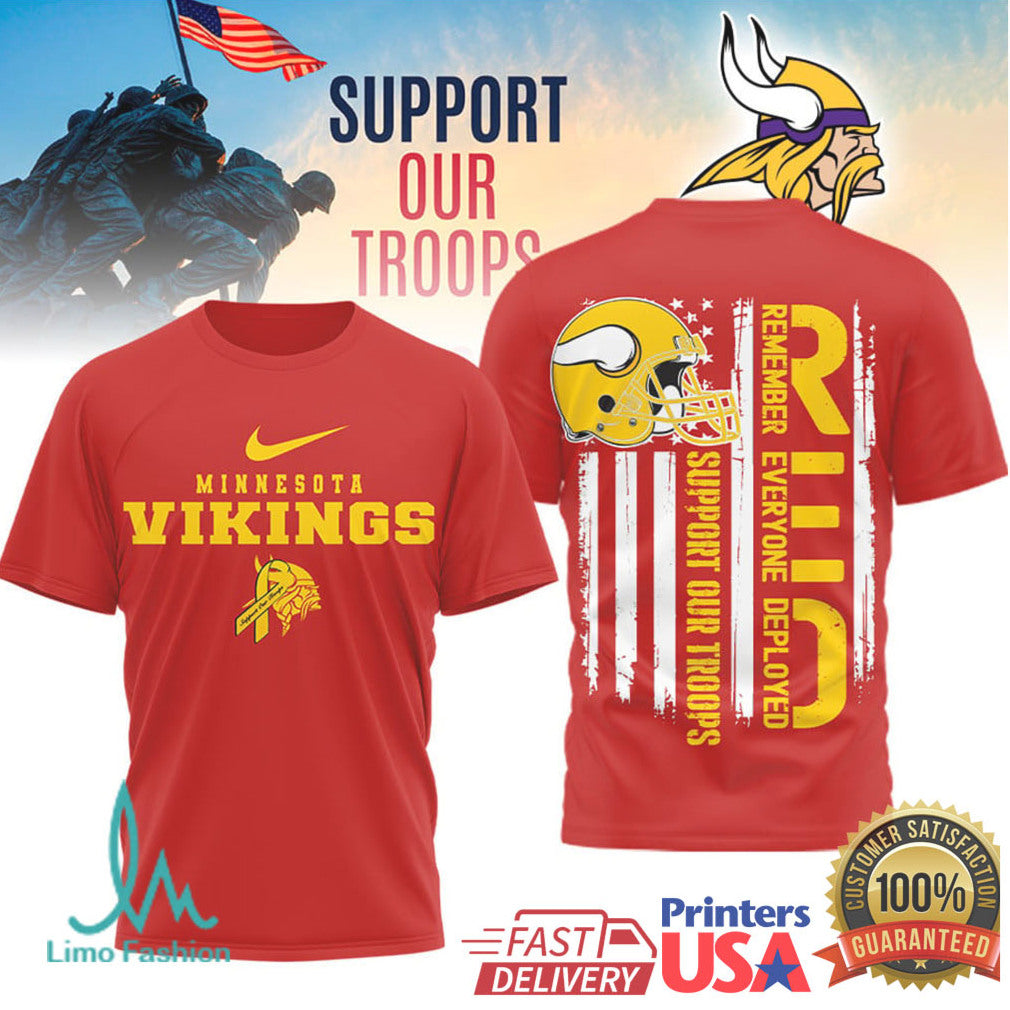 Minnesota Vikings Support Our Troops RED Remember Everyone Deployed T Shirt - Limotees LLC