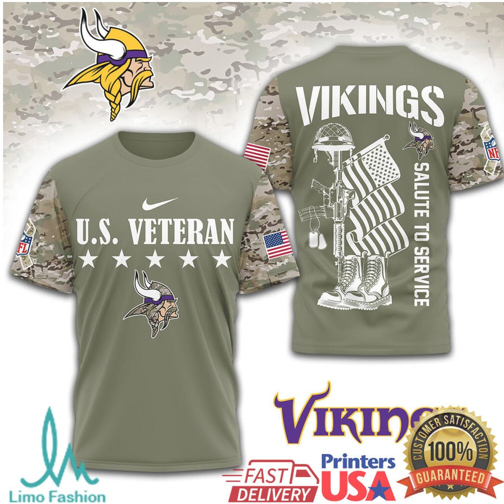 Minnesota Vikings U.S. Veteran Salute to Service Military Olive T Shirt - Limotees LLC