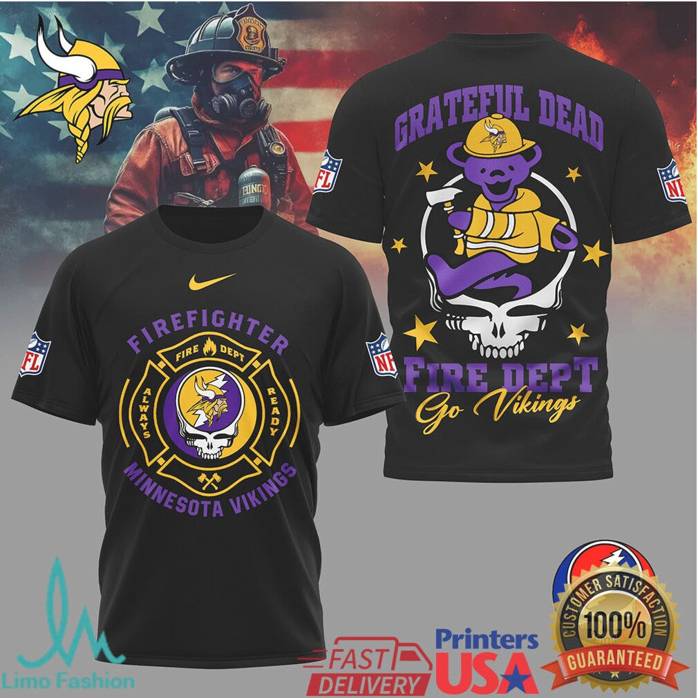 Minnesota VikingsOfficial NFL Grateful Dead Firefighter 3D Shirt - Limotees LLC