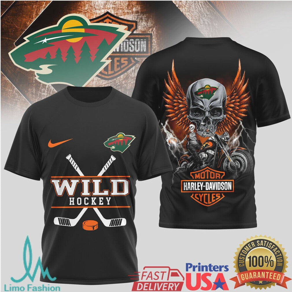 Minnesota Wild Hockey x Harley Davidson Skull Wing Biker T Shirt