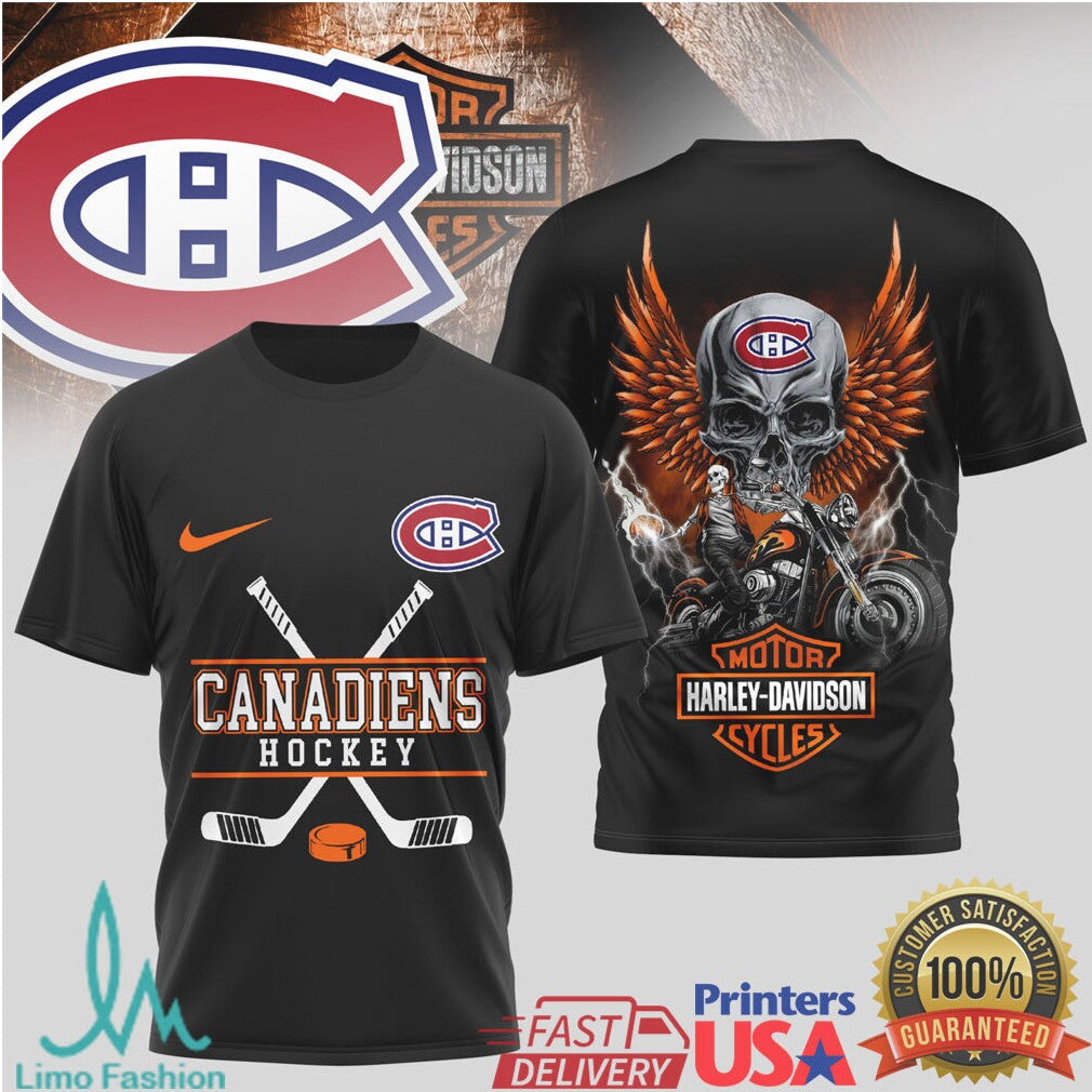 Montreal Canadiens Hockey x Harley Davidson Skull Wing Biker T Shirt - Limotees LLC