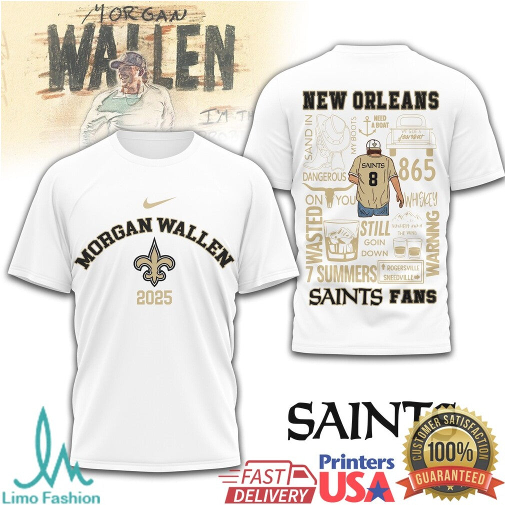 Morgan Wallen New Orleans Saints Fans 2025 Concert Tour T Shirt - Limotees LLC
