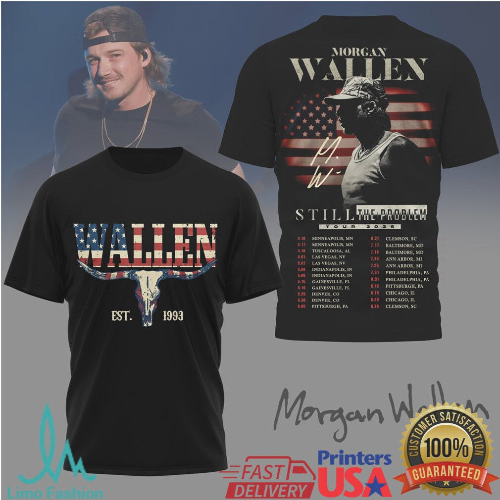 Morgan Wallen Still The Problem Tour 2024 Bull Skull American Flag T Shirt - Limotees LLC