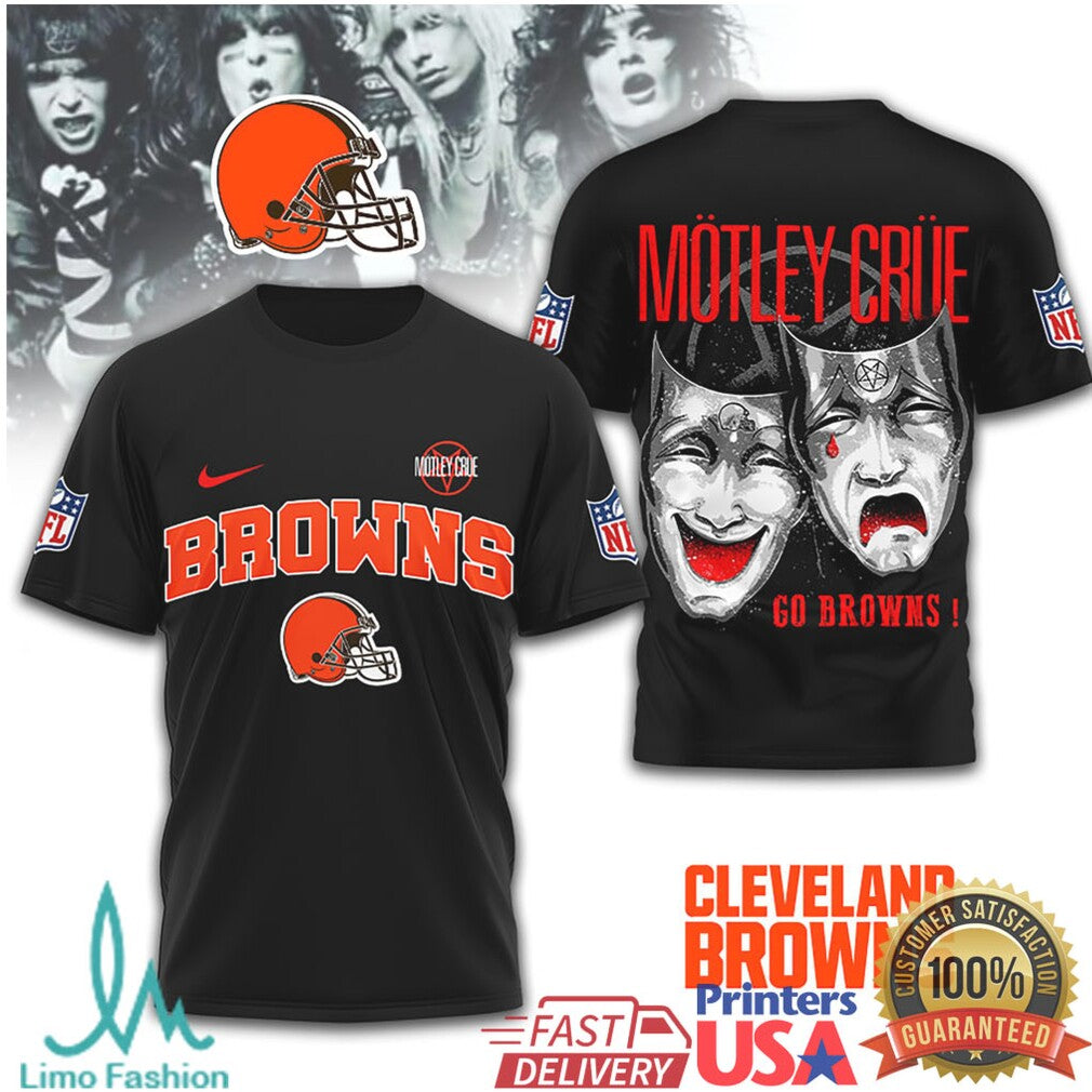 Mötley Crüe x Cleveland Browns NFL Drama Masks Black T Shirt - Limotees LLC