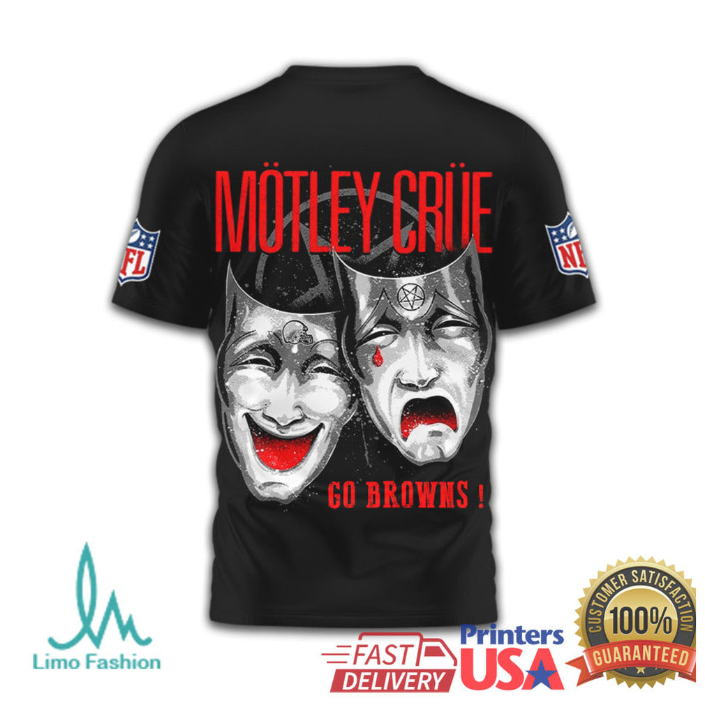Mötley Crüe x Cleveland Browns NFL Drama Masks Black T Shirt - Limotees LLC