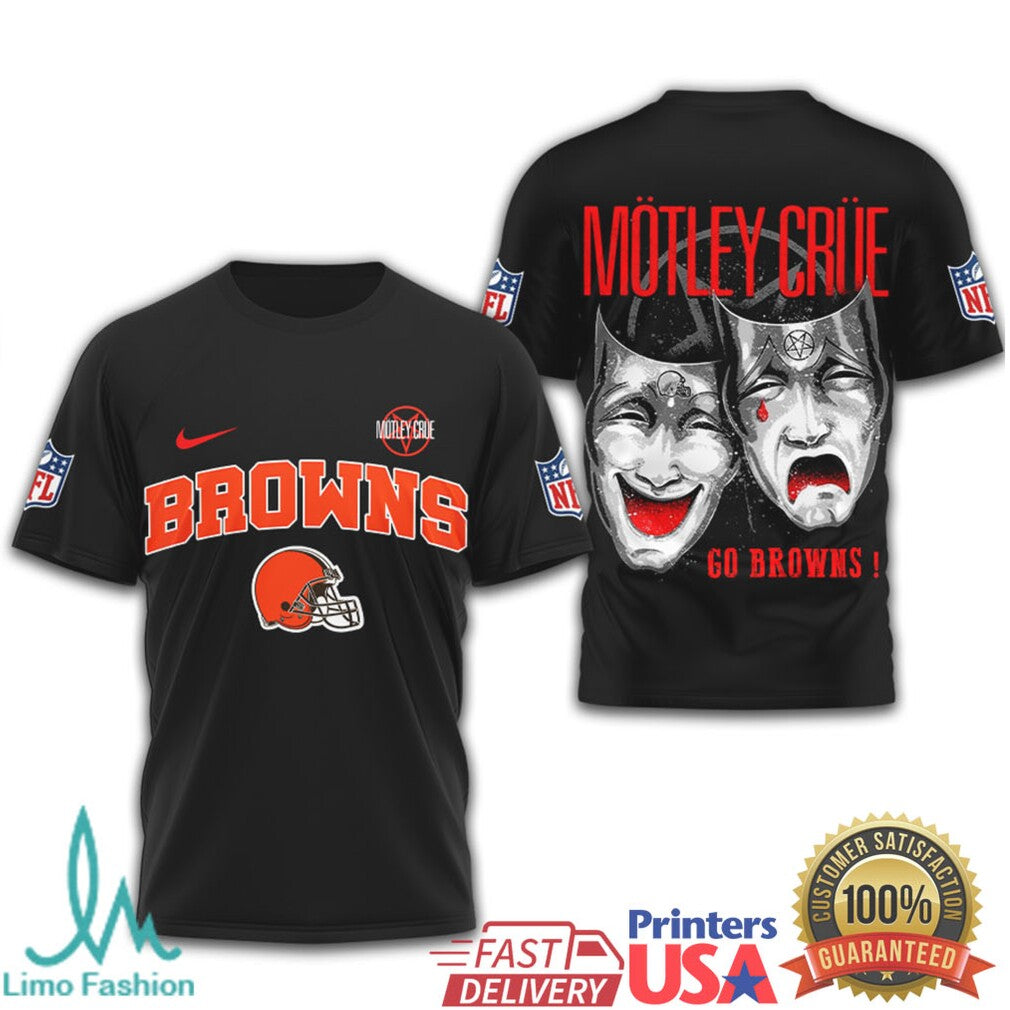 Mötley Crüe x Cleveland Browns NFL Drama Masks Black T Shirt - Limotees LLC