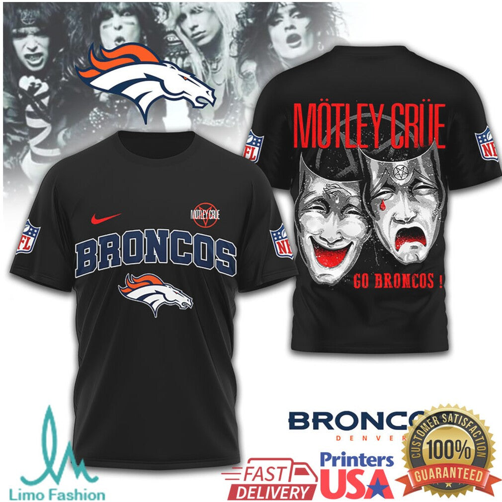 Mötley Crüe x Denver Broncos NFL Drama Masks Black T Shirt - Limotees LLC