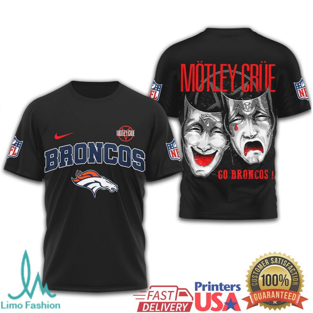 Mötley Crüe x Denver Broncos NFL Drama Masks Black T Shirt - Limotees LLC