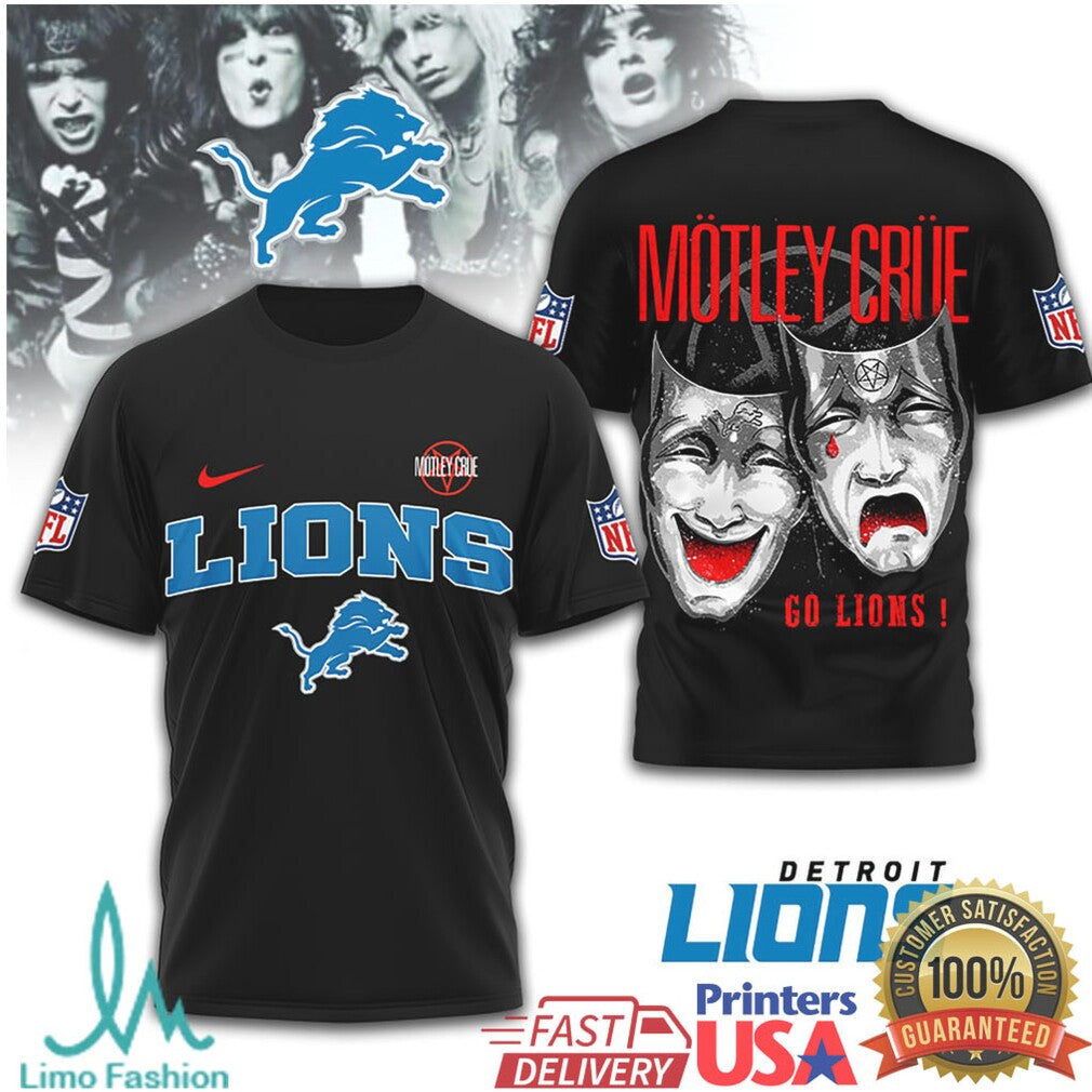 Mötley Crüe x Detroit Lions NFL Drama Masks Black T Shirt - Limotees LLC