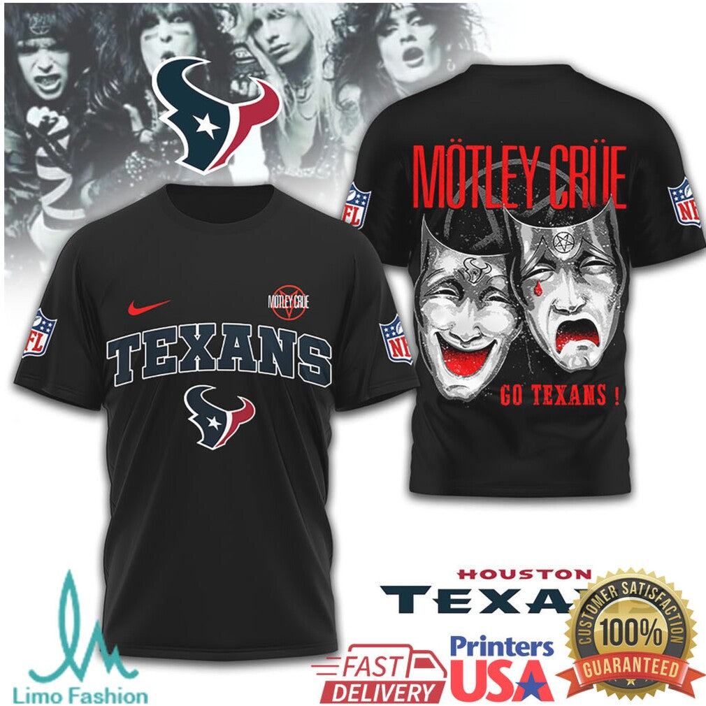 Mötley Crüe x Houston Texans NFL Drama Masks Black T Shirt - Limotees LLC