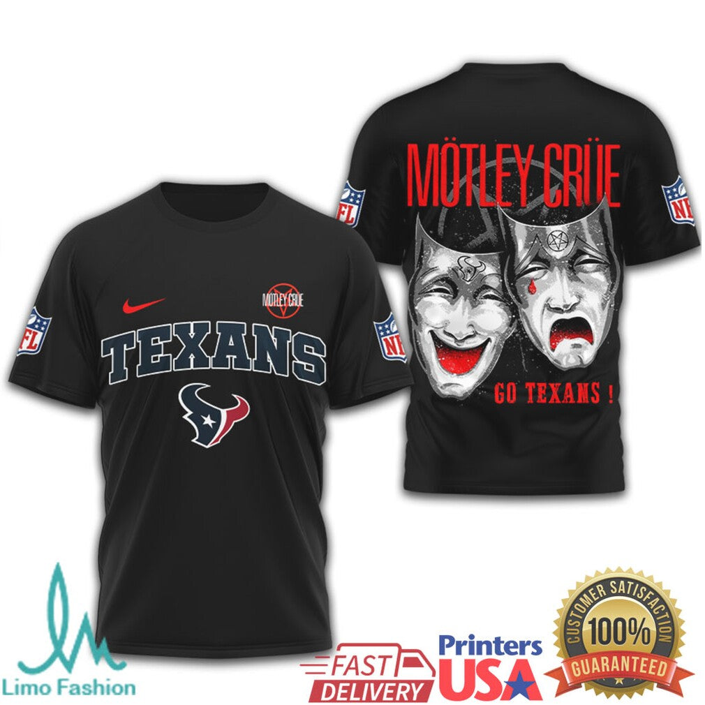 Mötley Crüe x Houston Texans NFL Drama Masks Black T Shirt - Limotees LLC