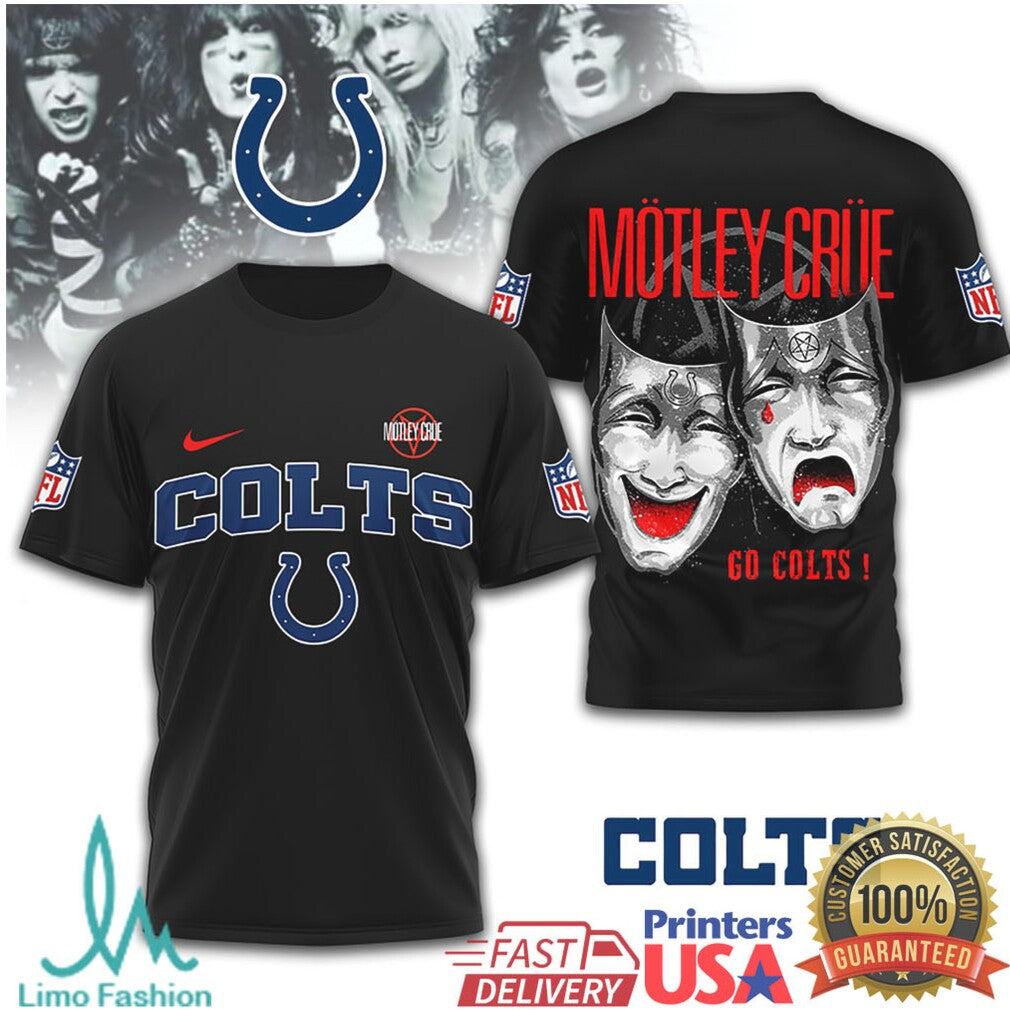 Mötley Crüe x Indianapolis Colts NFL Drama Masks Black T Shirt - Limotees LLC
