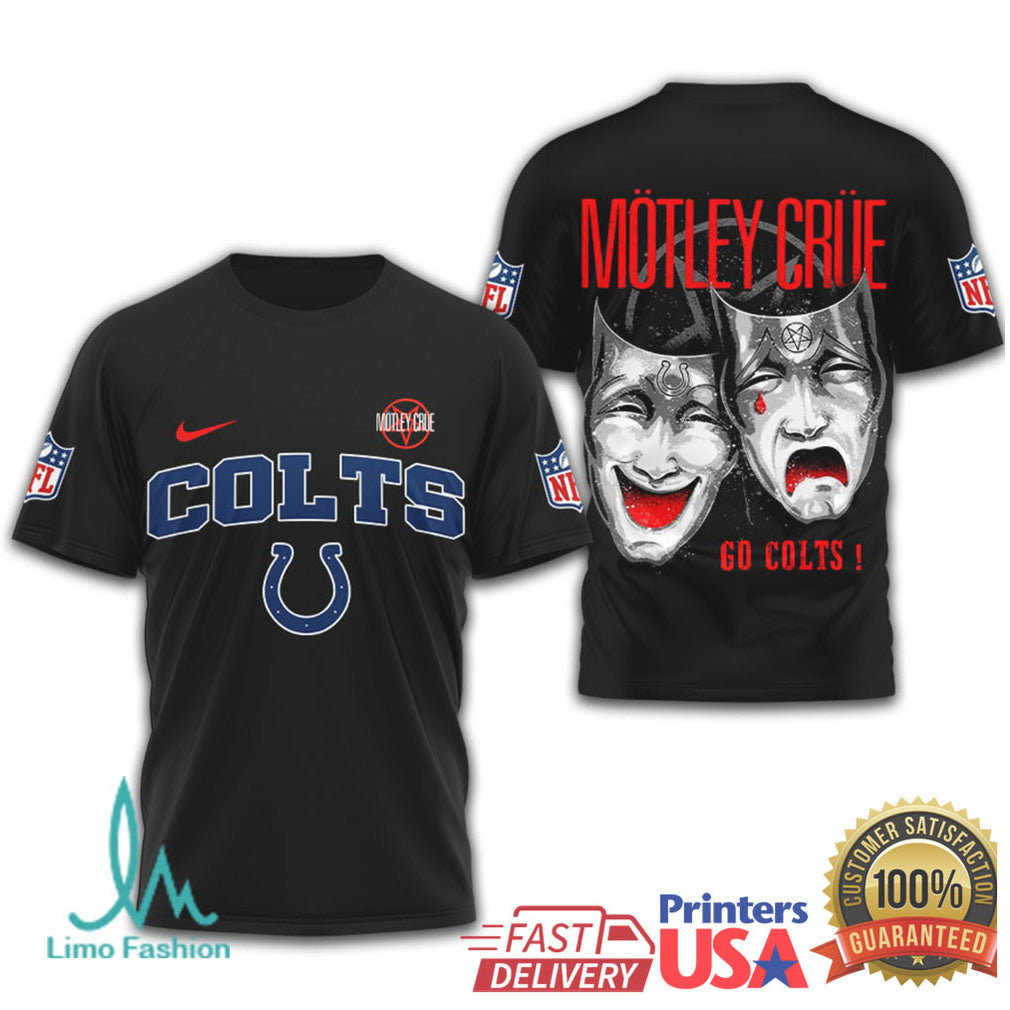 Mötley Crüe x Indianapolis Colts NFL Drama Masks Black T Shirt - Limotees LLC