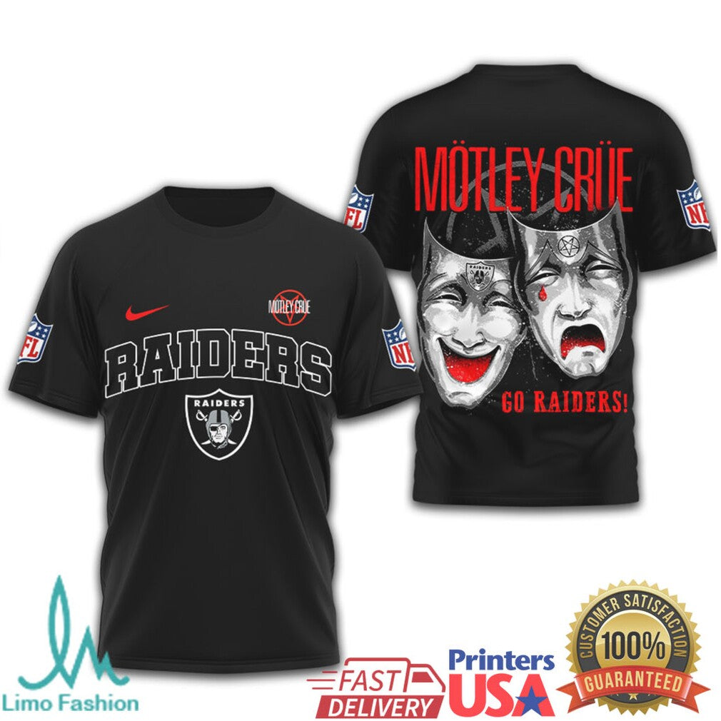 Mötley Crüe x Las Vegas Raiders NFL Drama Masks Black T Shirt - Limotees LLC
