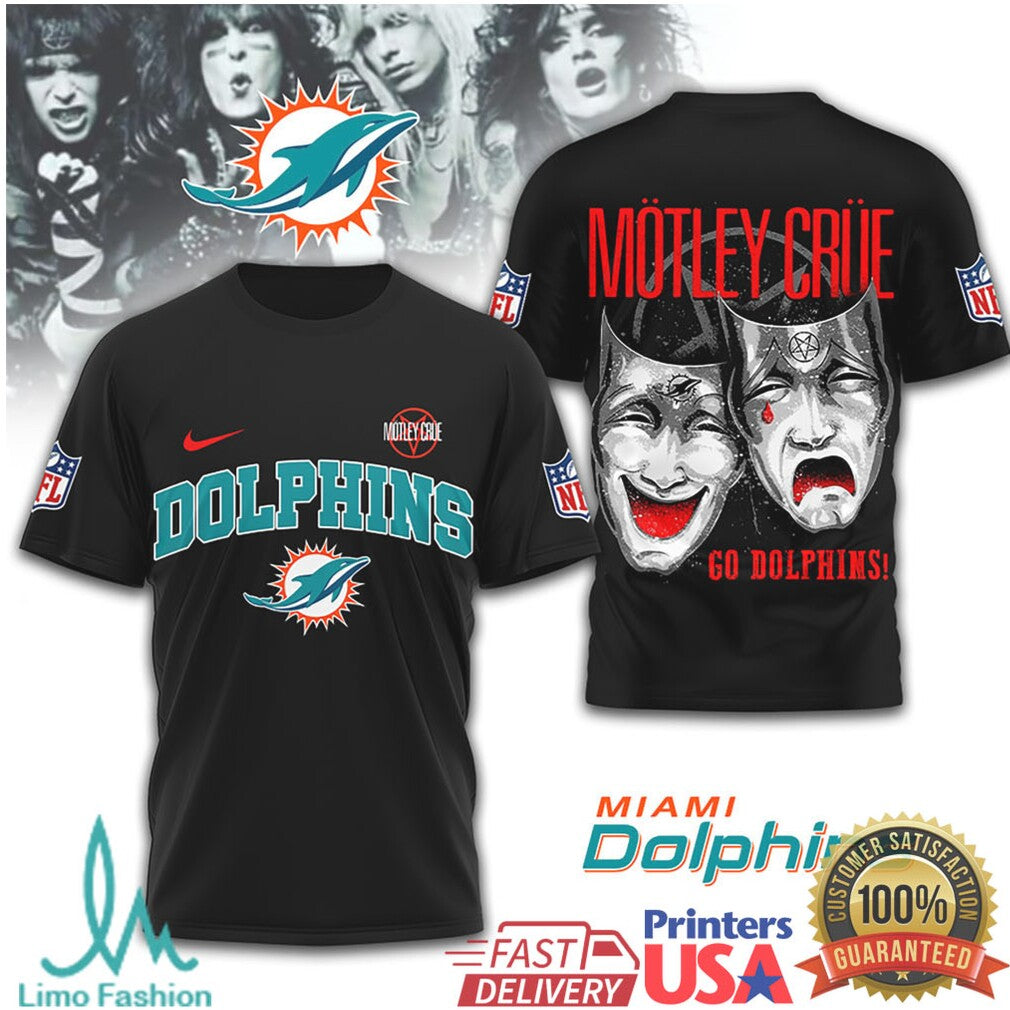 Mötley Crüe x Miami Dolphins NFL Drama Masks Black T Shirt - Limotees LLC